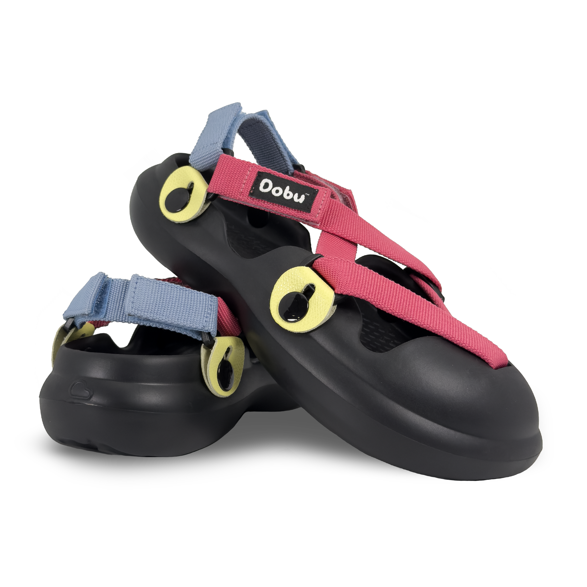 Scarpa sabot nera con pelle bianca e nastri rosa e azzurri ispirati agli anni Novanta, suola barefoot in EVA