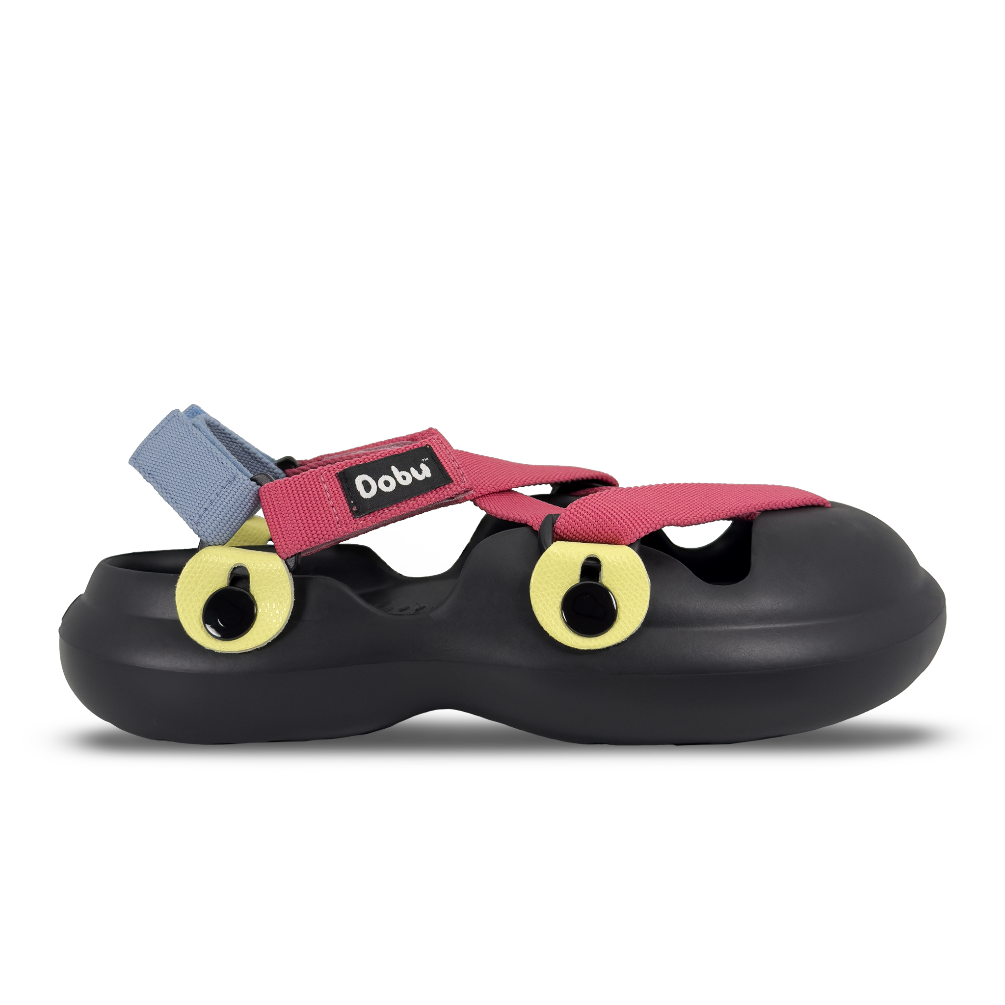 Scarpa sabot nera con pelle bianca e nastri rosa e azzurri ispirati agli anni Novanta, suola barefoot in EVA