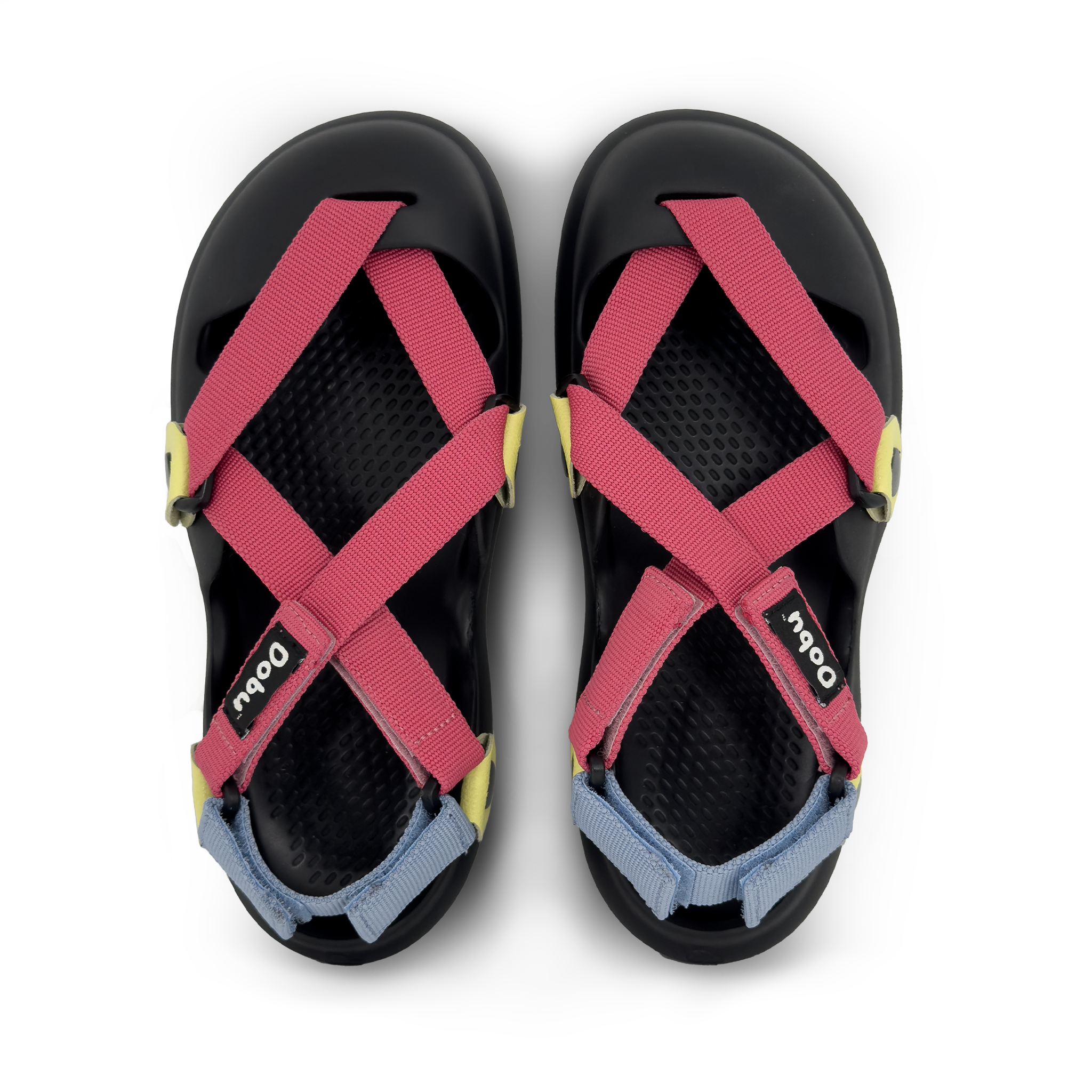 Scarpa sabot nera con pelle bianca e nastri rosa e azzurri ispirati agli anni Novanta, suola barefoot in EVA