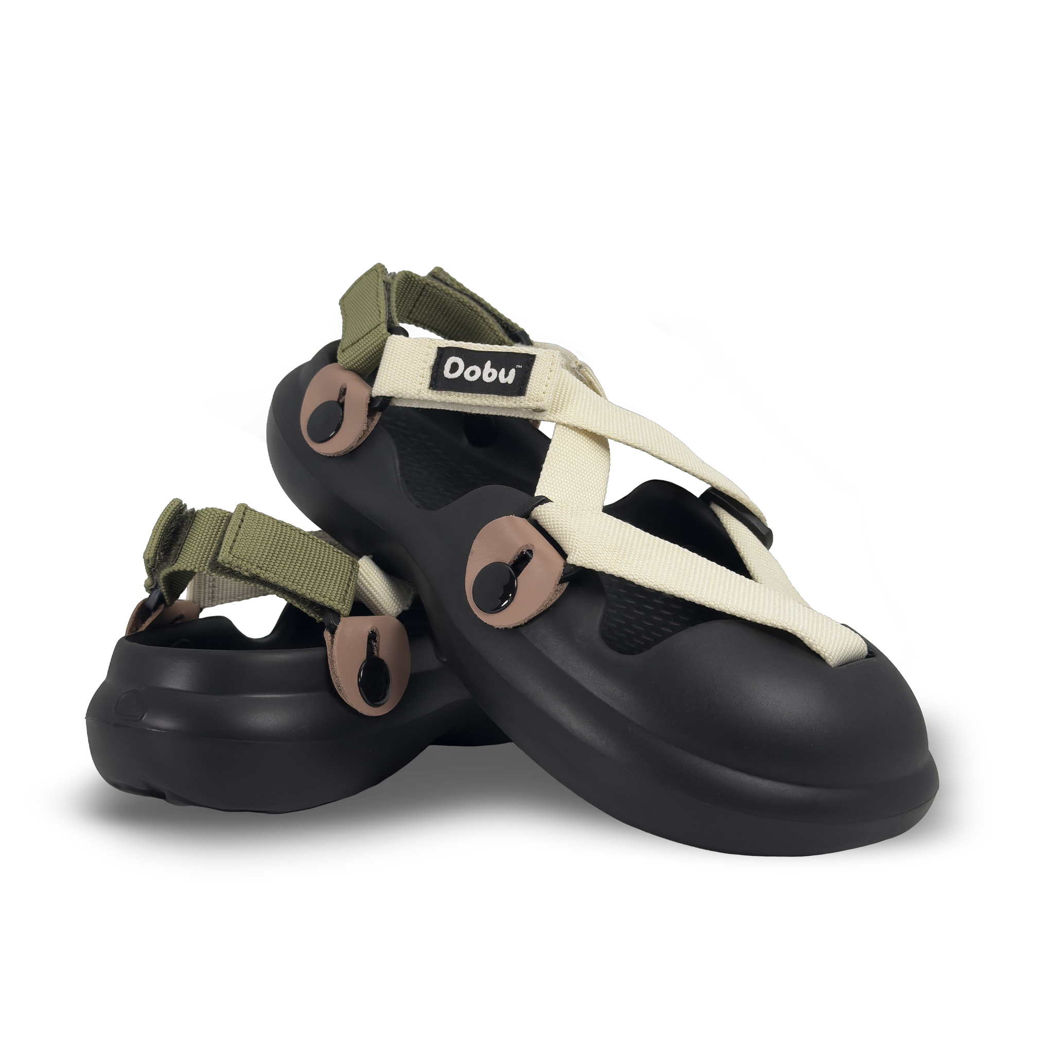 Scarpa sabot nera con pelle color cipria, nastro anteriore latte e posteriore verde oliva