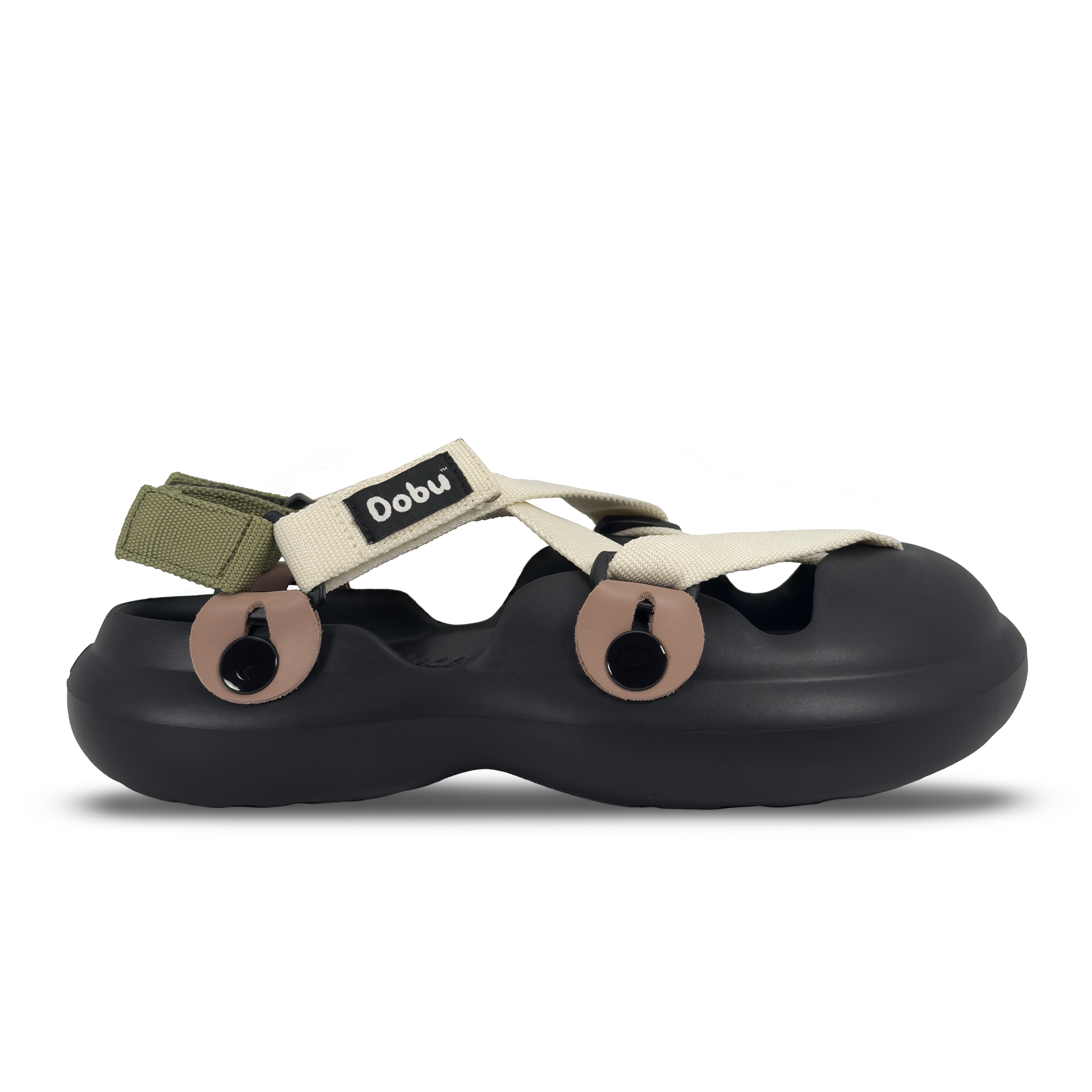 Scarpa sabot nera con pelle color cipria, nastro anteriore latte e posteriore verde oliva