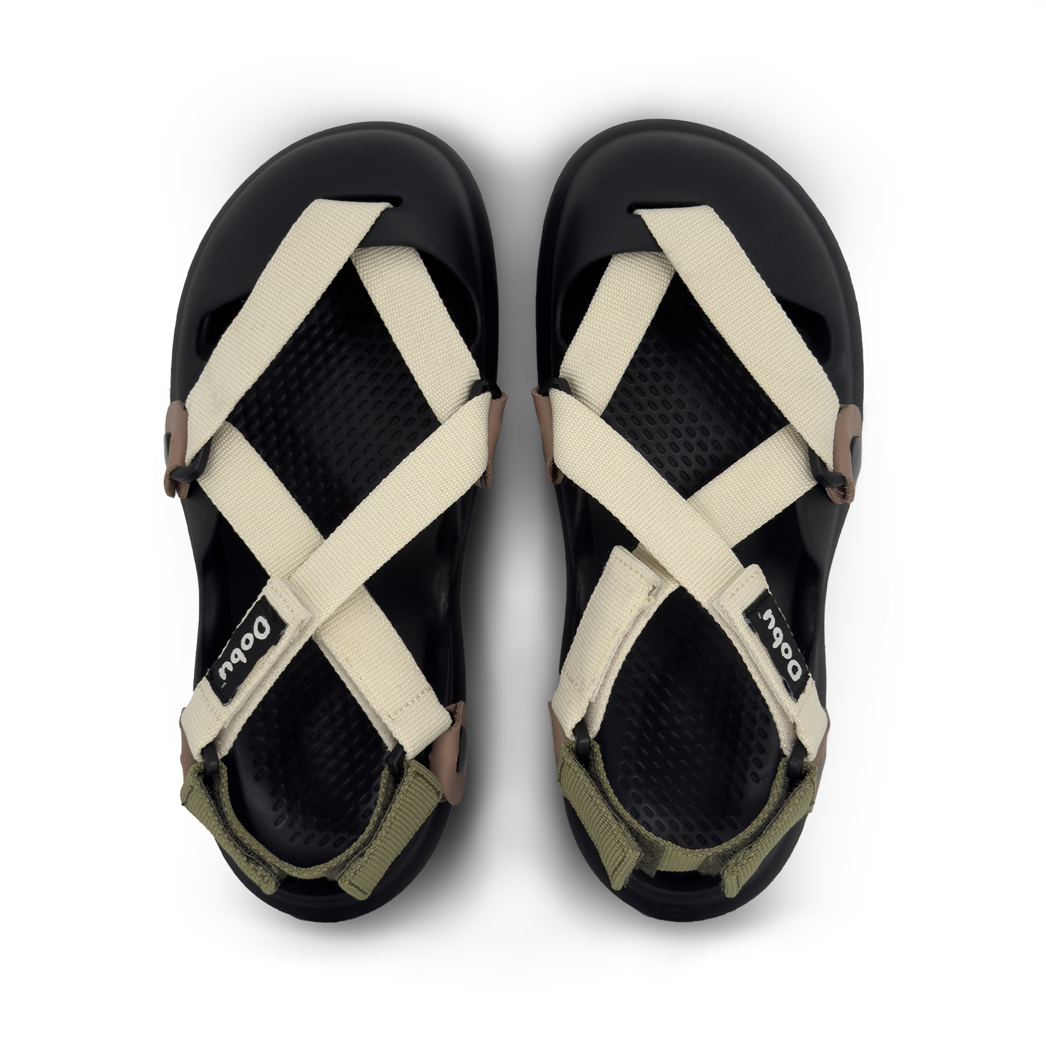 Scarpa sabot nera con pelle color cipria, nastro anteriore latte e posteriore verde oliva