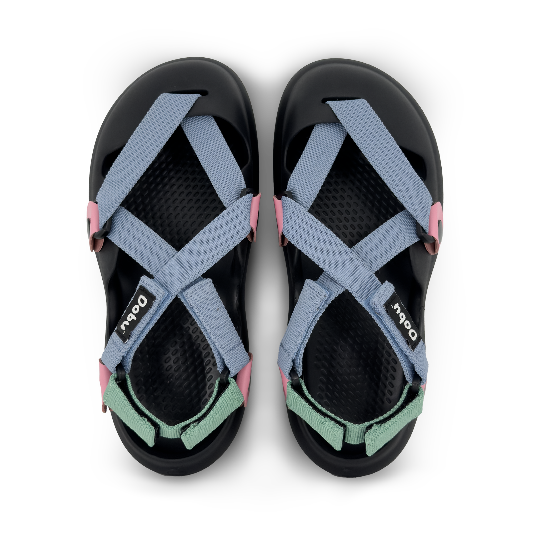 Scarpa sabot con nastri azzurro e verde e pelle rosa, punta chiusa e suola barefoot modulare