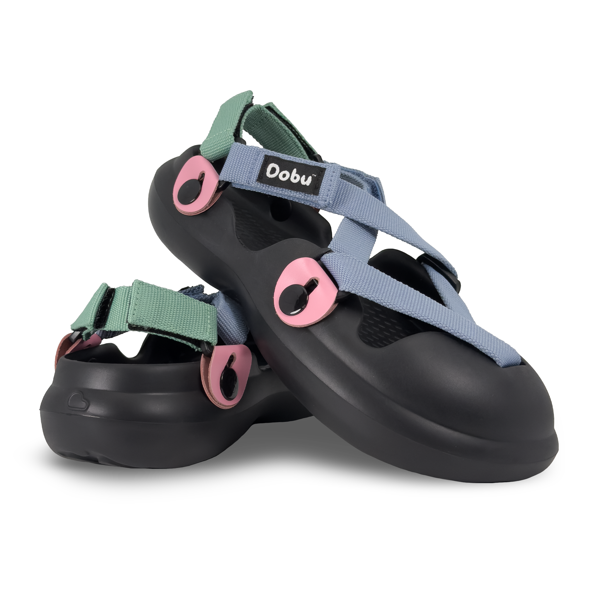 Scarpa sabot con nastri azzurro e verde e pelle rosa, punta chiusa e suola barefoot modulare