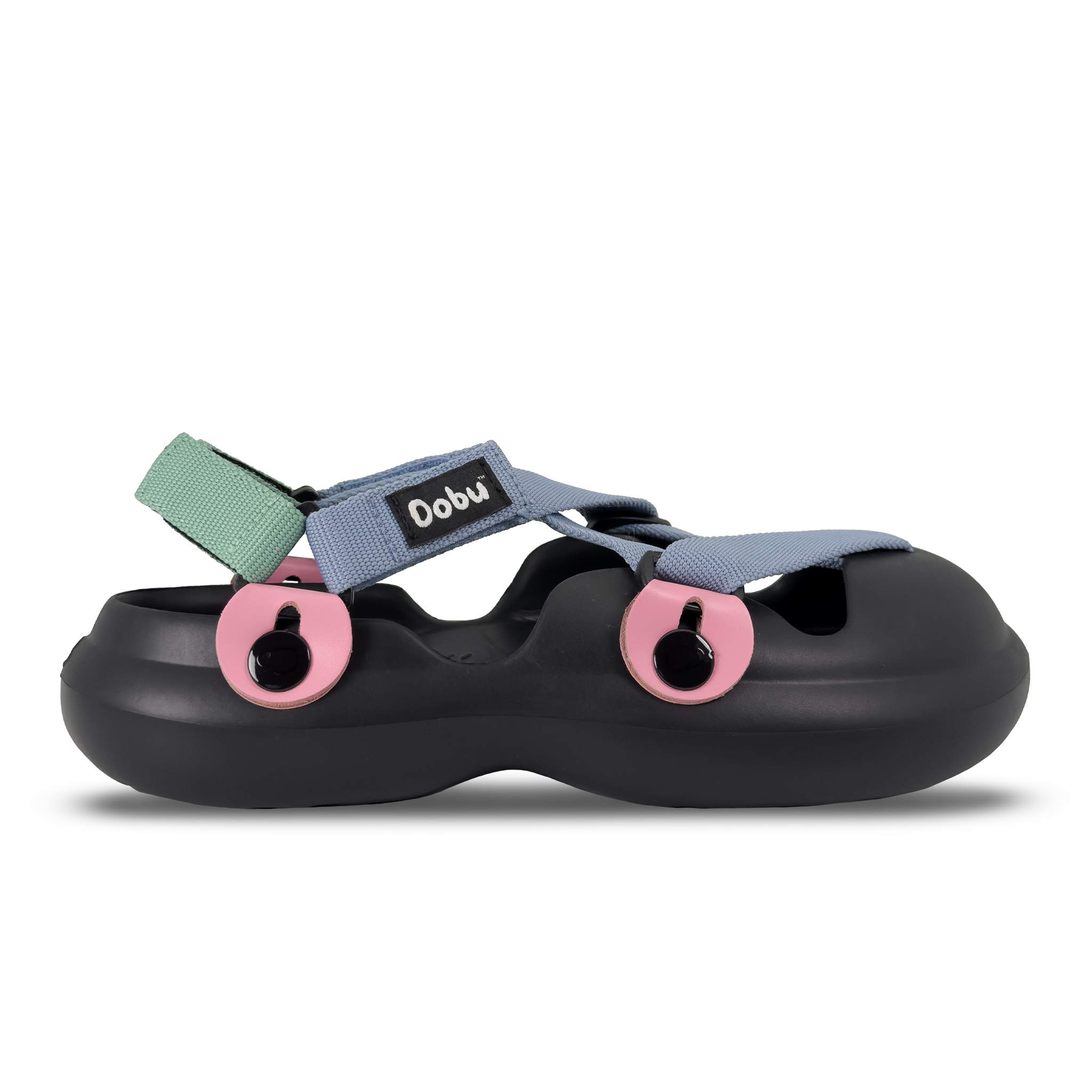 Scarpa sabot con nastri azzurro e verde e pelle rosa, punta chiusa e suola barefoot modulare