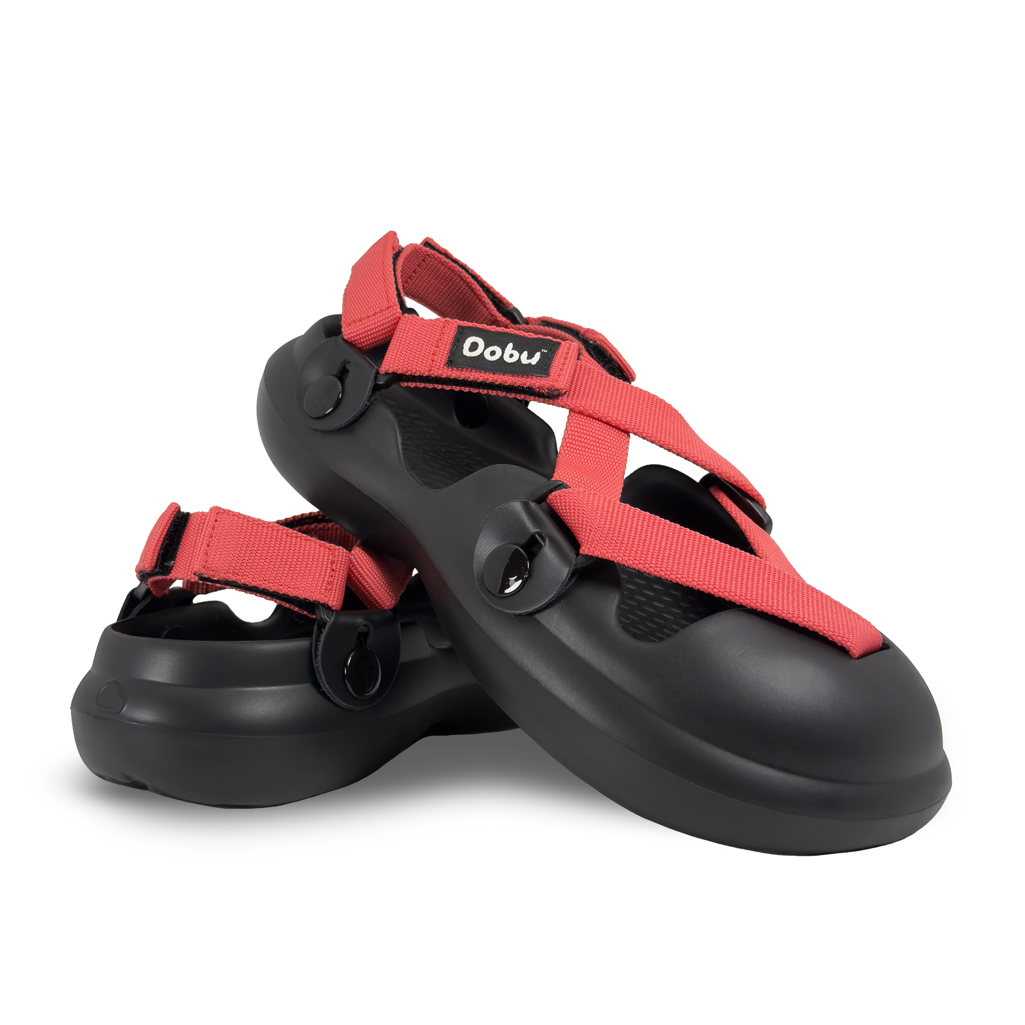 Scarpa sabot nera con nastri corallo e suola barefoot in EVA, design componibile