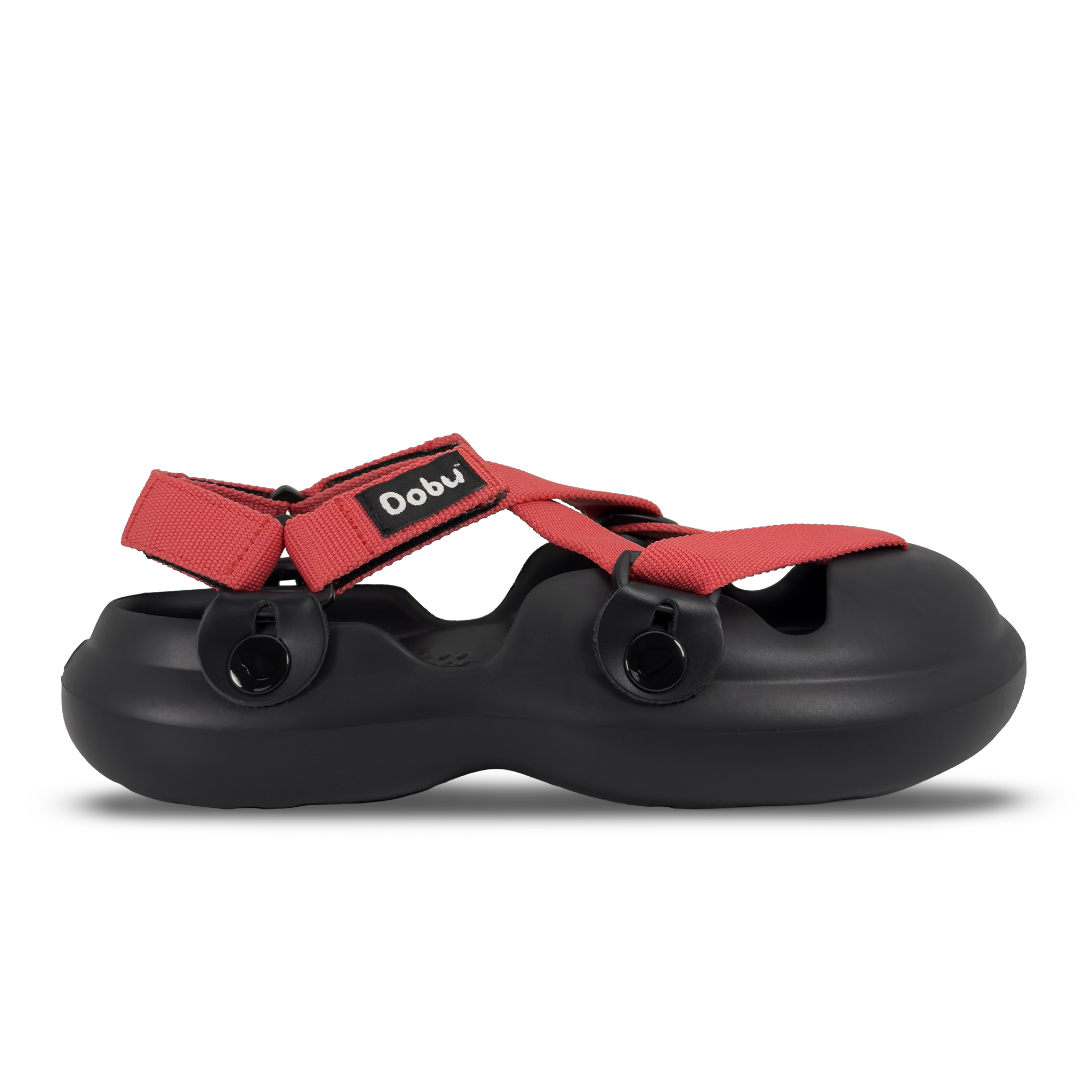 Scarpa sabot nera con nastri corallo e suola barefoot in EVA, design componibile