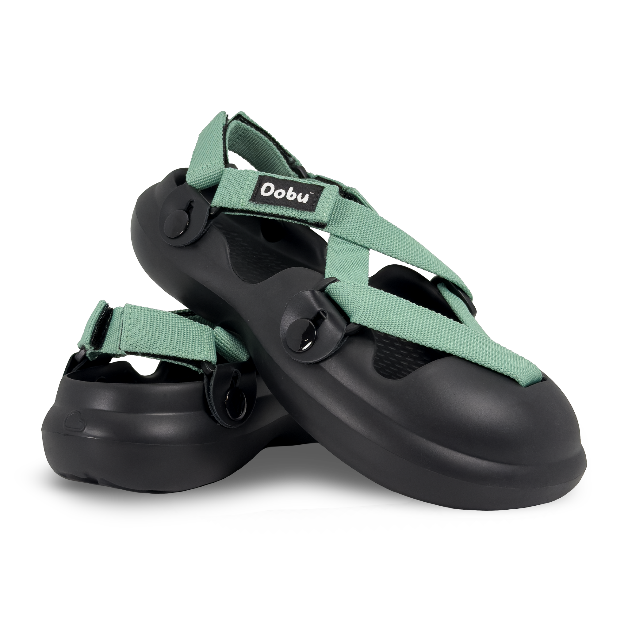 Scarpa sabot nera con nastri verde midori, suola barefoot in EVA e struttura modulare