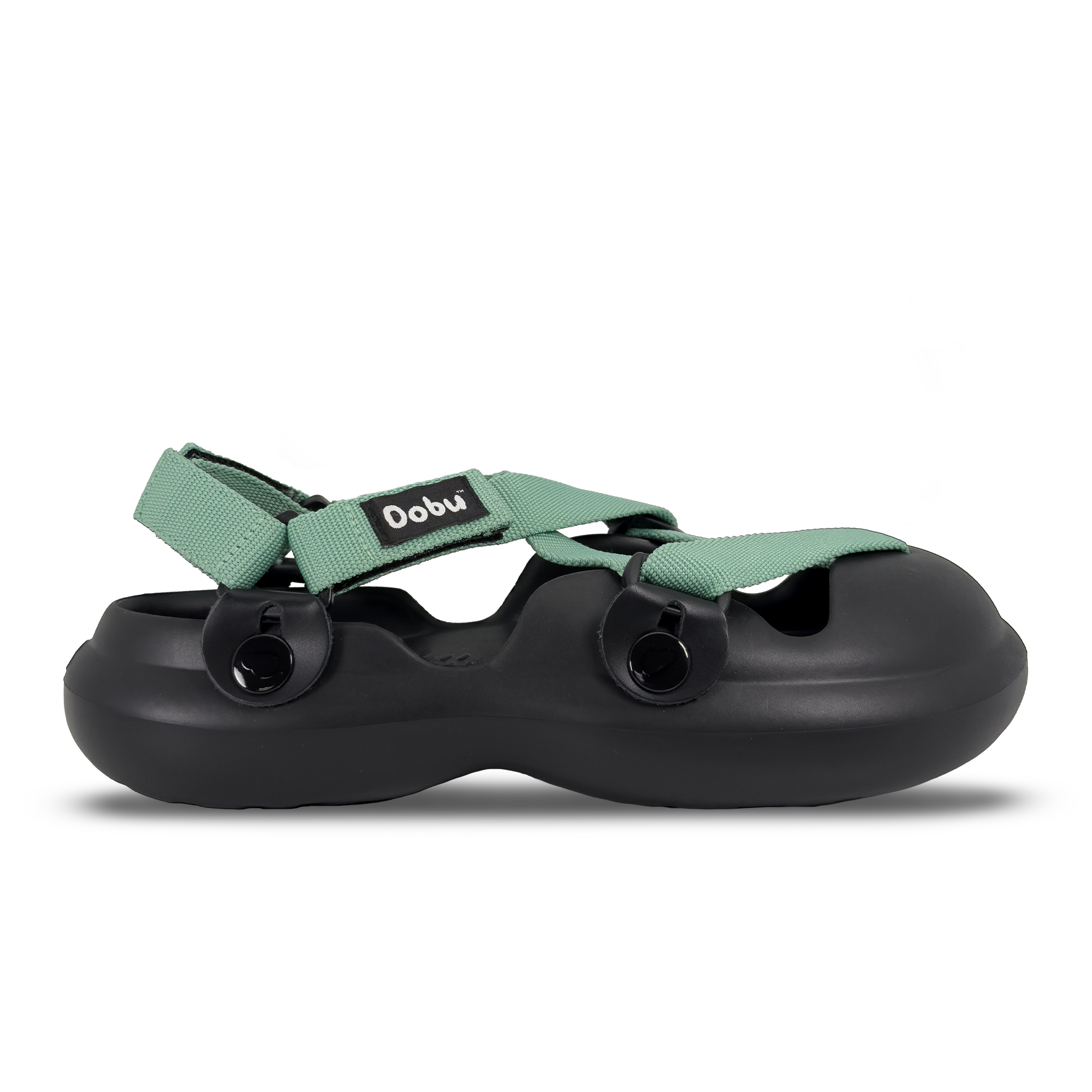 Scarpa sabot nera con nastri verde midori, suola barefoot in EVA e struttura modulare