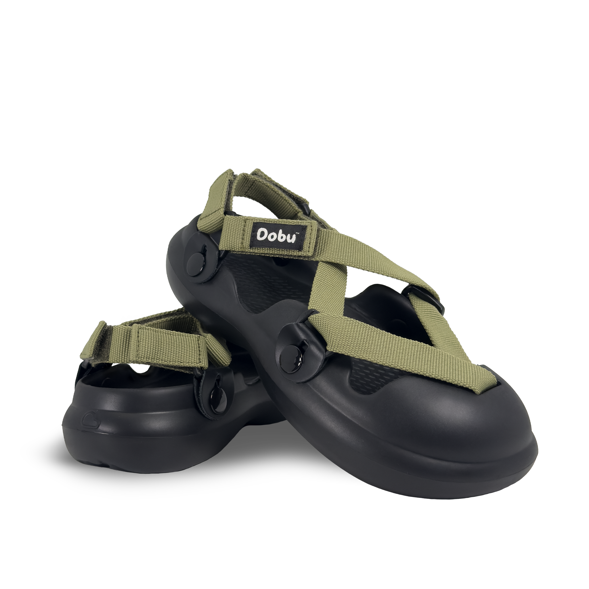 Scarpa sabot nera con nastri verde militare, suola barefoot in EVA e struttura componibile