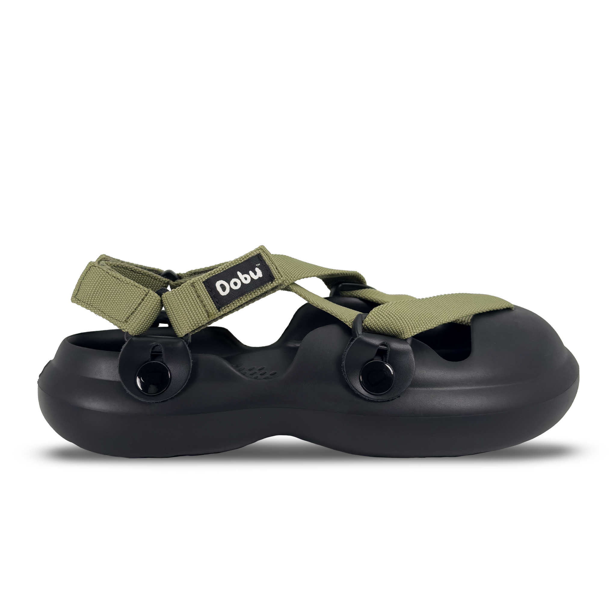 Scarpa sabot nera con nastri verde militare, suola barefoot in EVA e struttura componibile