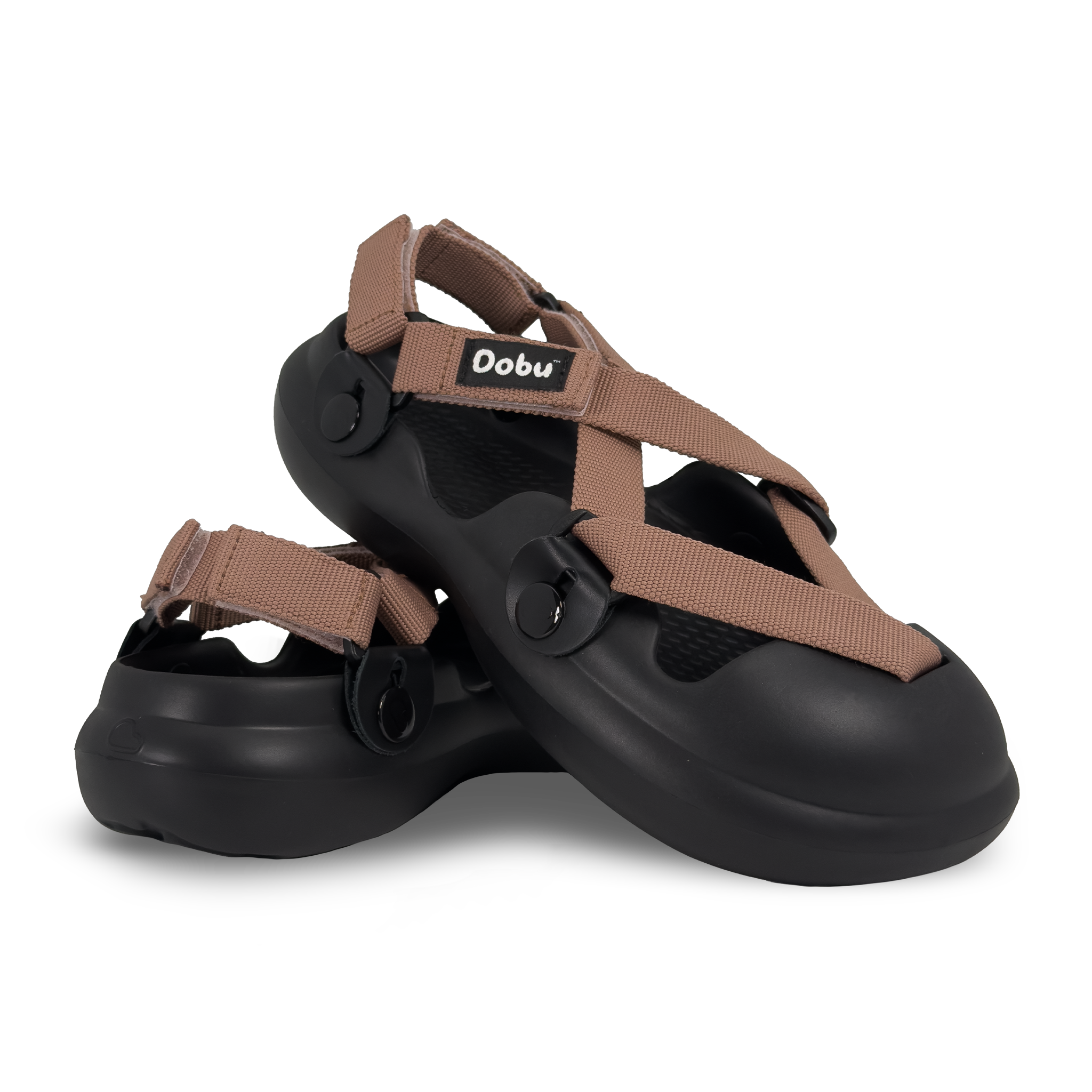 Scarpa sabot nera con nastri color cipria, suola barefoot in EVA e design componibile