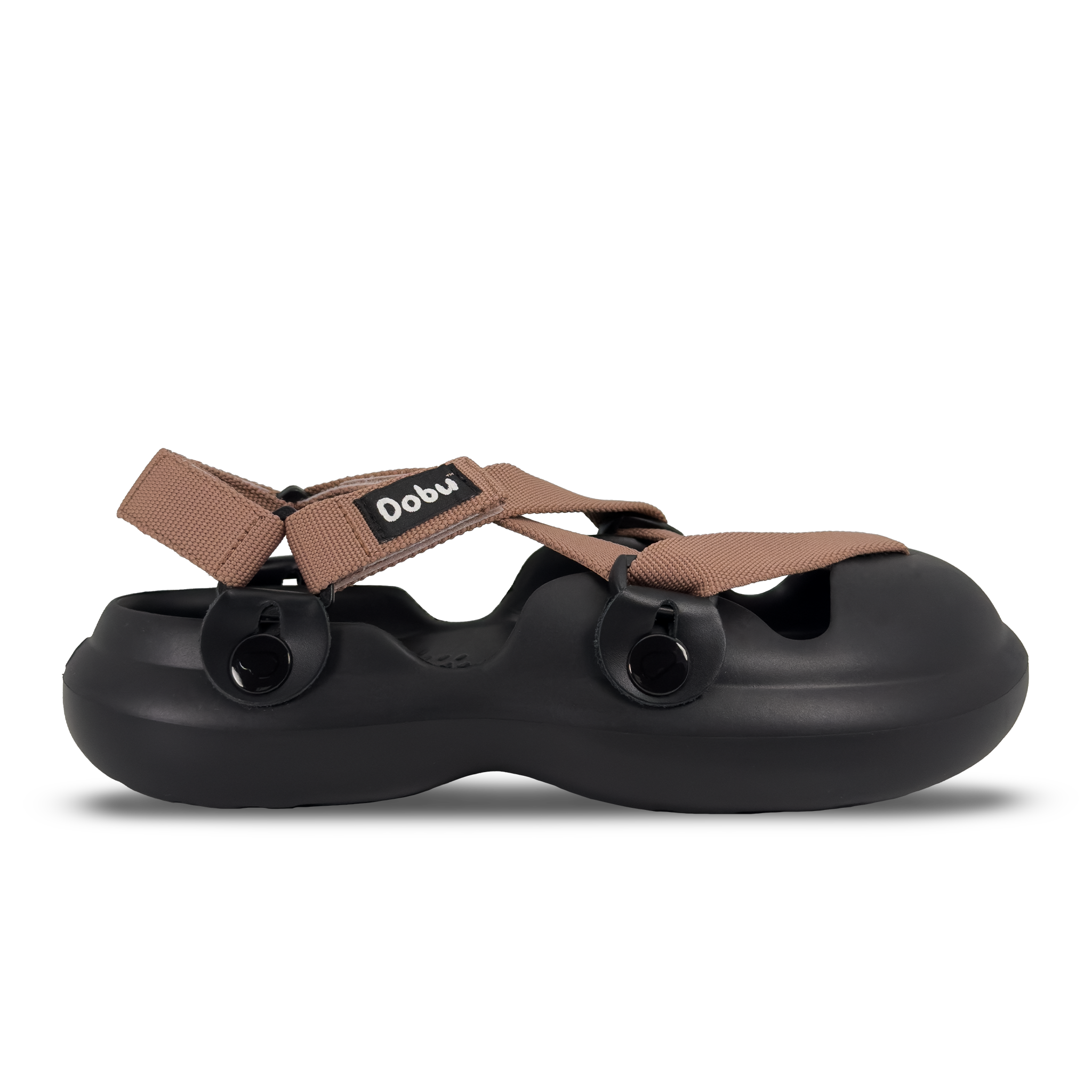 Scarpa sabot nera con nastri color cipria, suola barefoot in EVA e design componibile