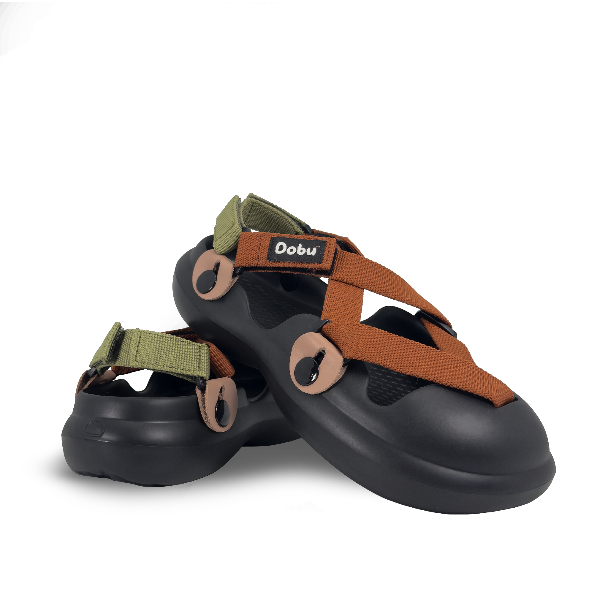 Scarpa sabot con base nera, nastri rame e verde, pelle cipria. Design ispirato ai boschi giapponesi