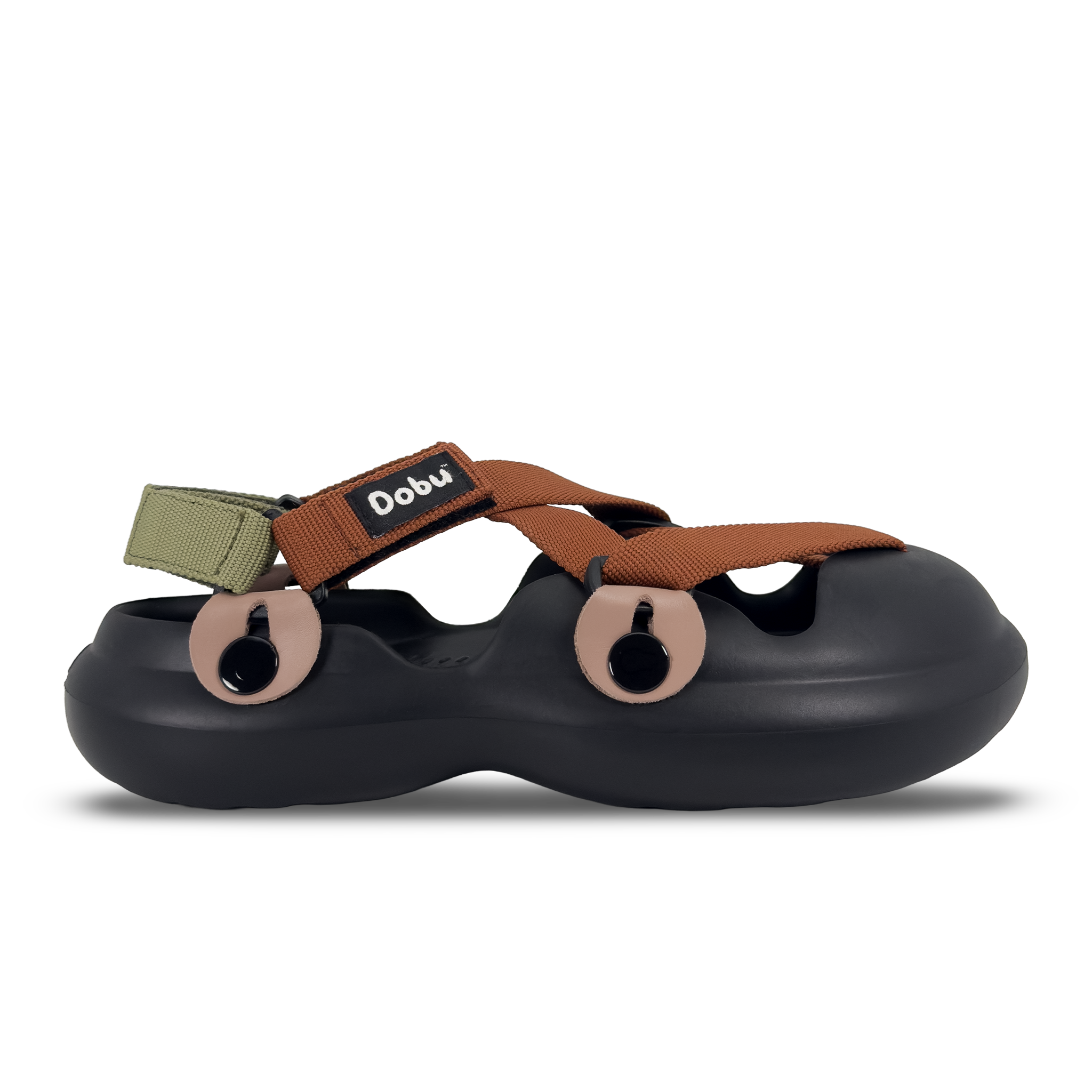 Scarpa sabot con base nera, nastri rame e verde, pelle cipria. Design ispirato ai boschi giapponesi