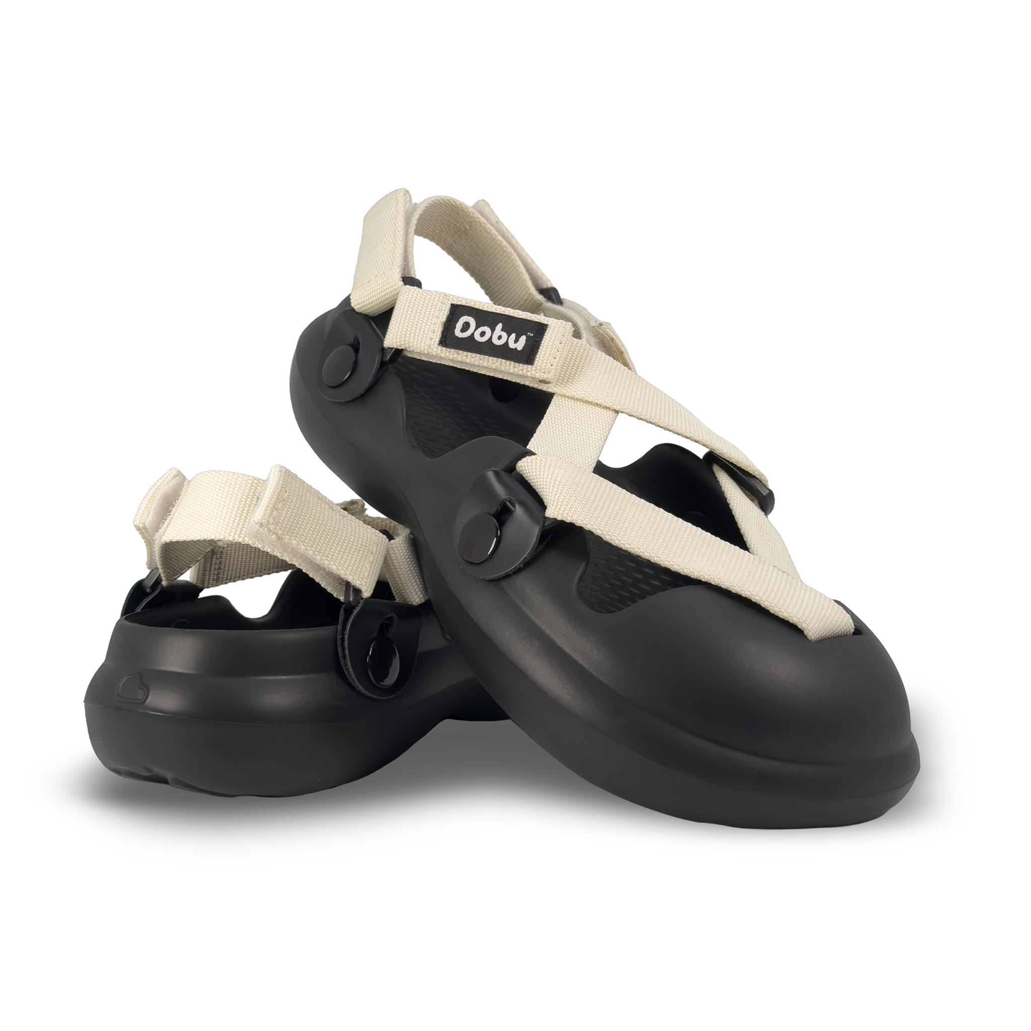 Scarpa sabot nera con nastri color bianco, inserti in pelle nera, suola barefoot in EVA e design componibile