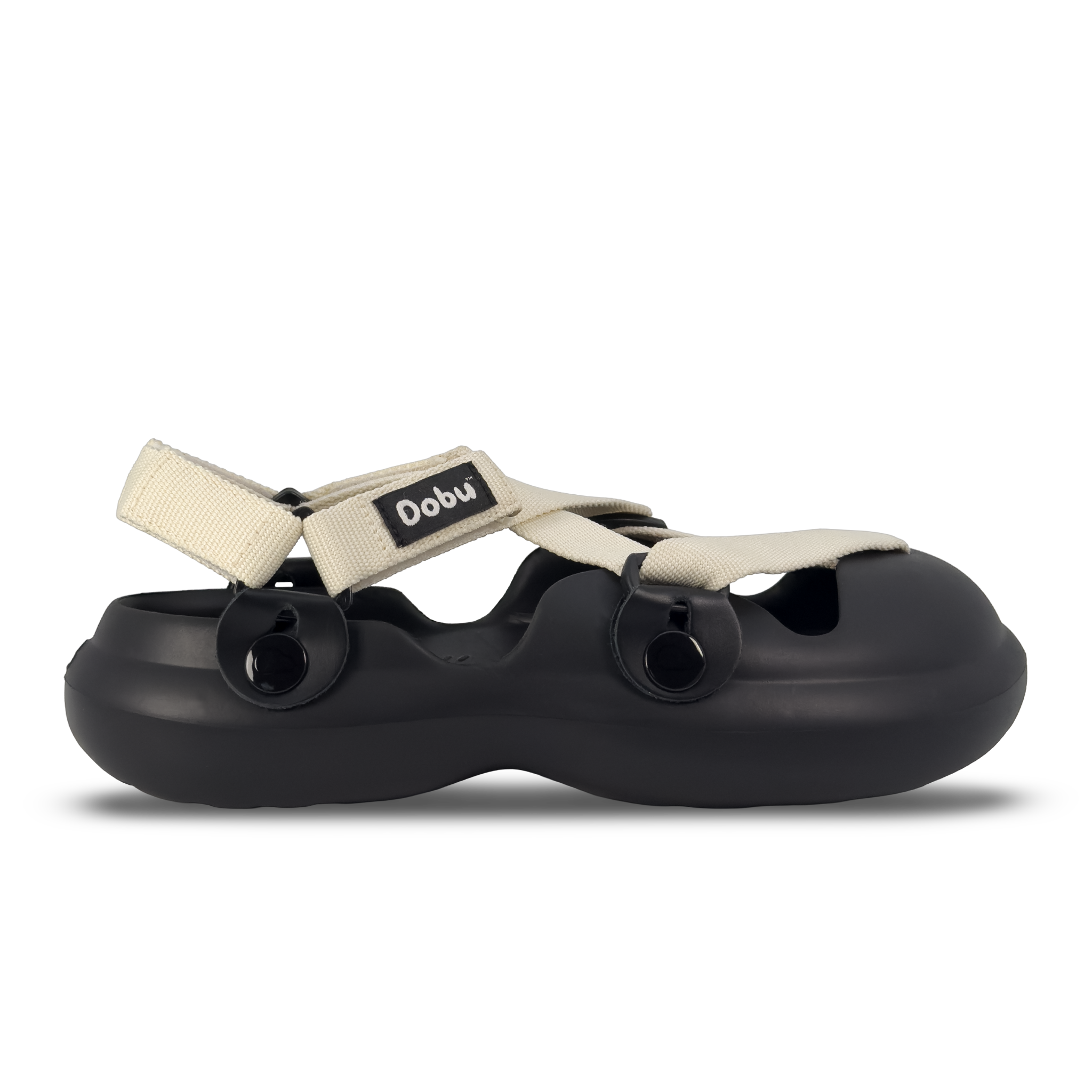 Scarpa sabot nera con nastri color bianco, inserti in pelle nera, suola barefoot in EVA e design componibile