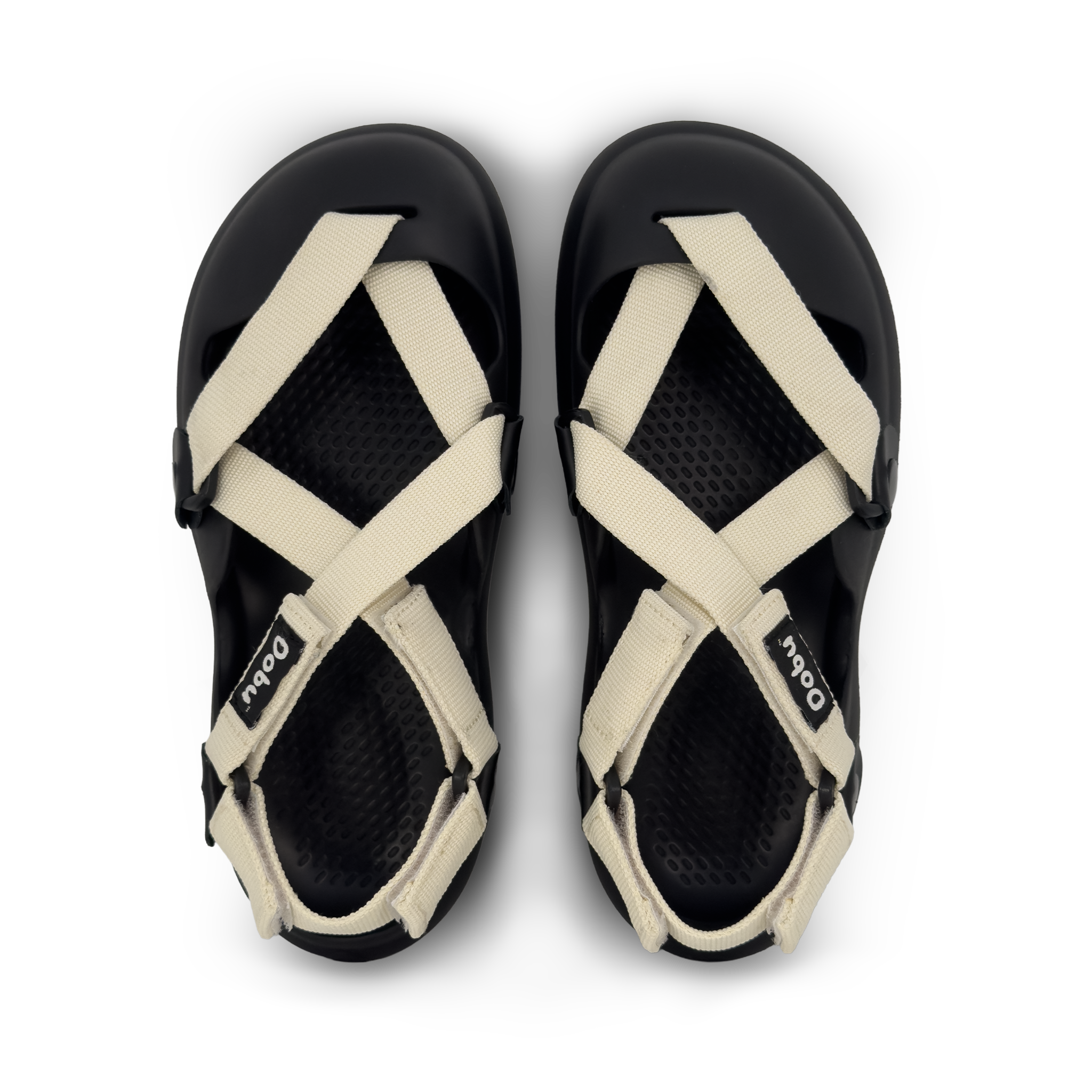 Scarpa sabot nera con nastri color bianco, inserti in pelle nera, suola barefoot in EVA e design componibile