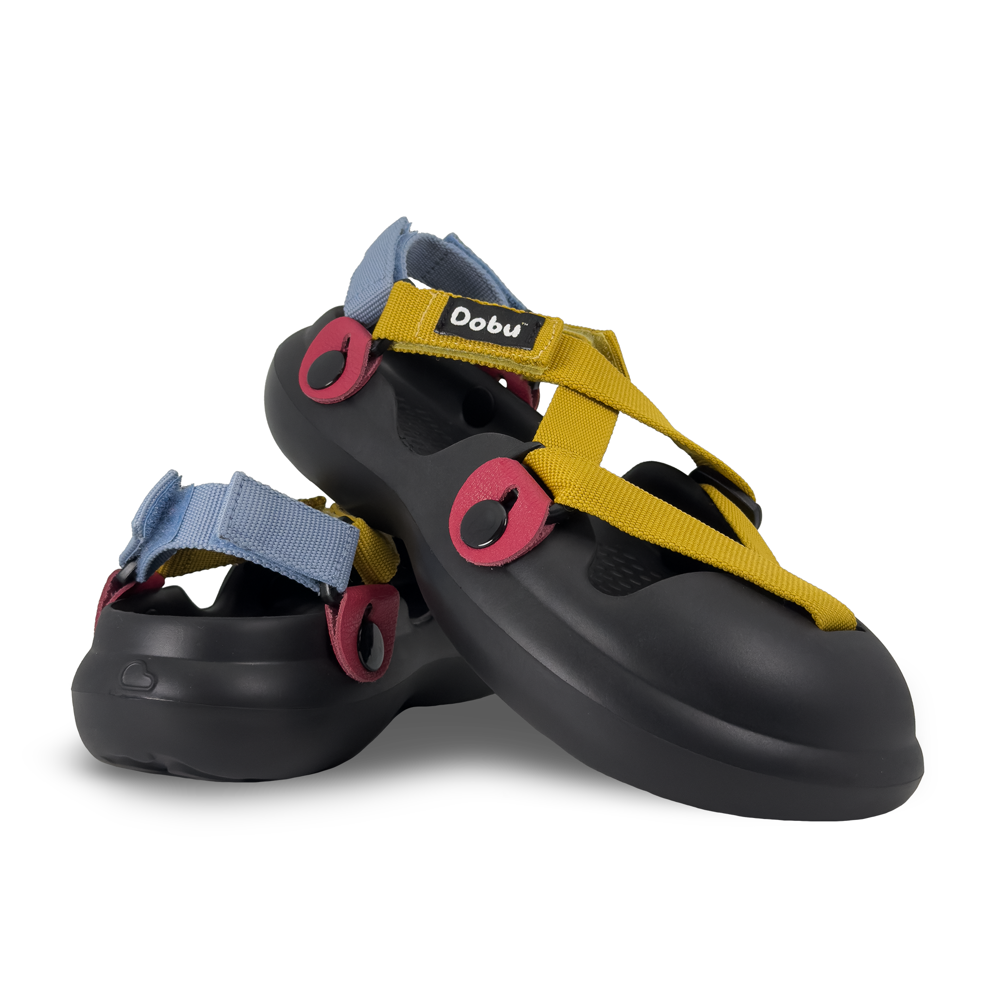 Scarpa sabot nera con nastri azzurri e gialli, inserti in pelle rossa, suola barefoot in EVA e struttura modulare