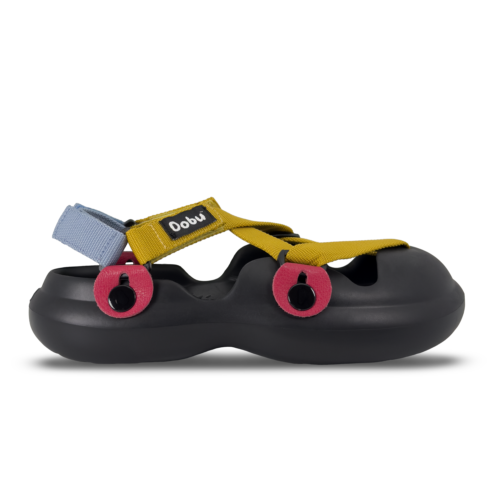 Scarpa sabot nera con nastri azzurri e gialli, inserti in pelle rossa, suola barefoot in EVA e struttura modulare