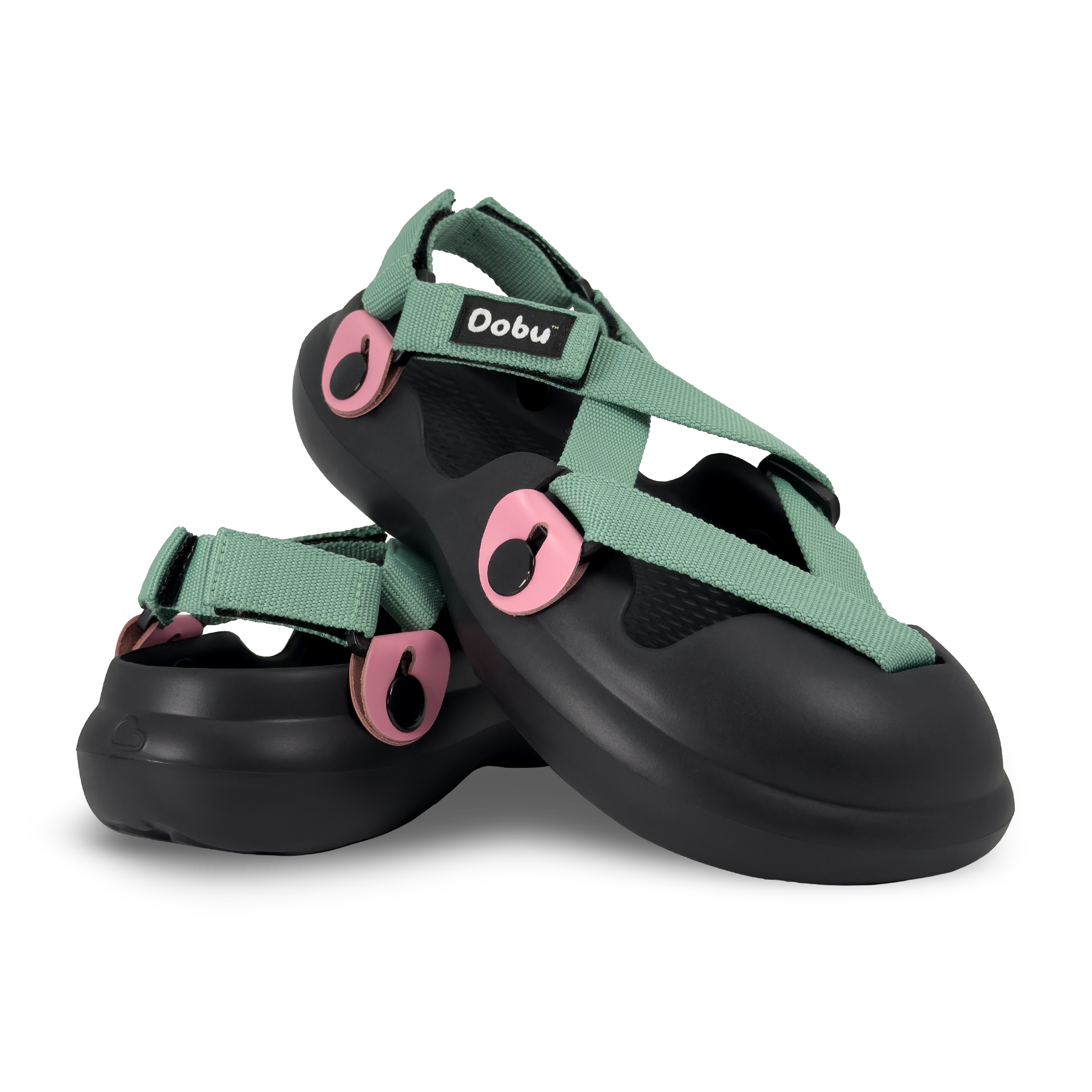 Scarpa sabot nera con pelle rosa e nastri verde lambretta, suola in EVA e stile anni ‘90