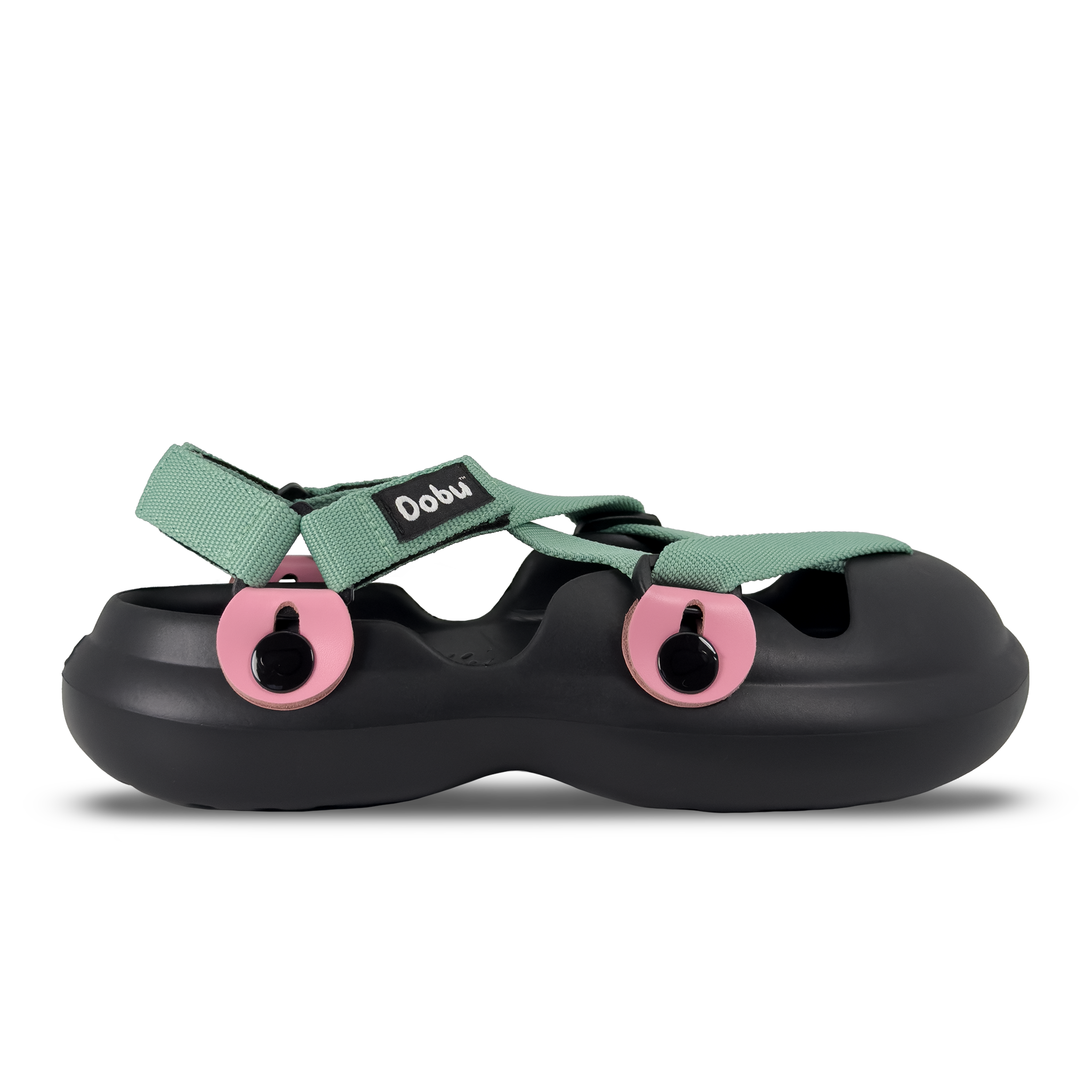 Scarpa sabot nera con pelle rosa e nastri verde lambretta, suola in EVA e stile anni ‘90
