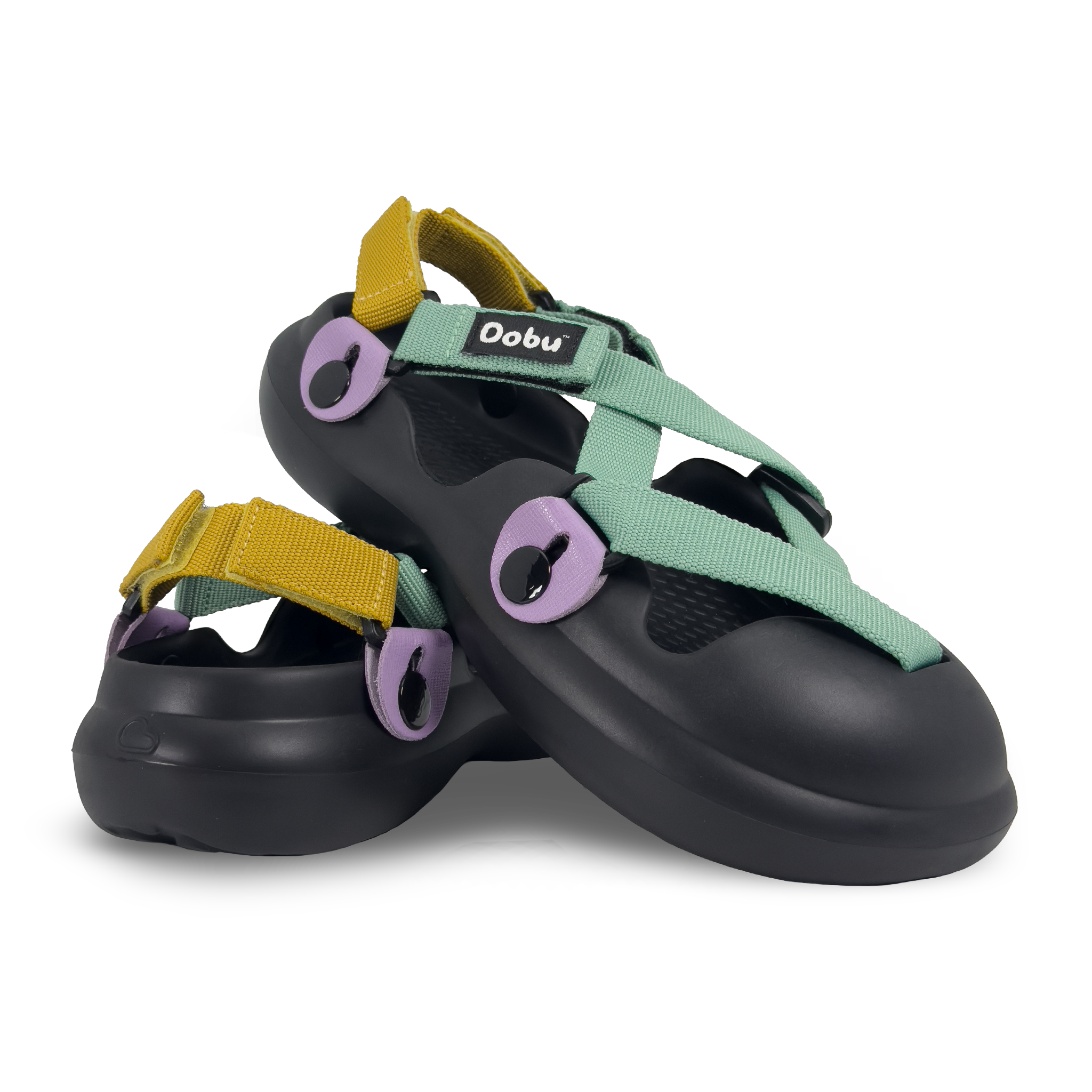 Scarpa sabot con base nera, nastri verde lambretta e zafferano, pelle lilla, punta chiusa