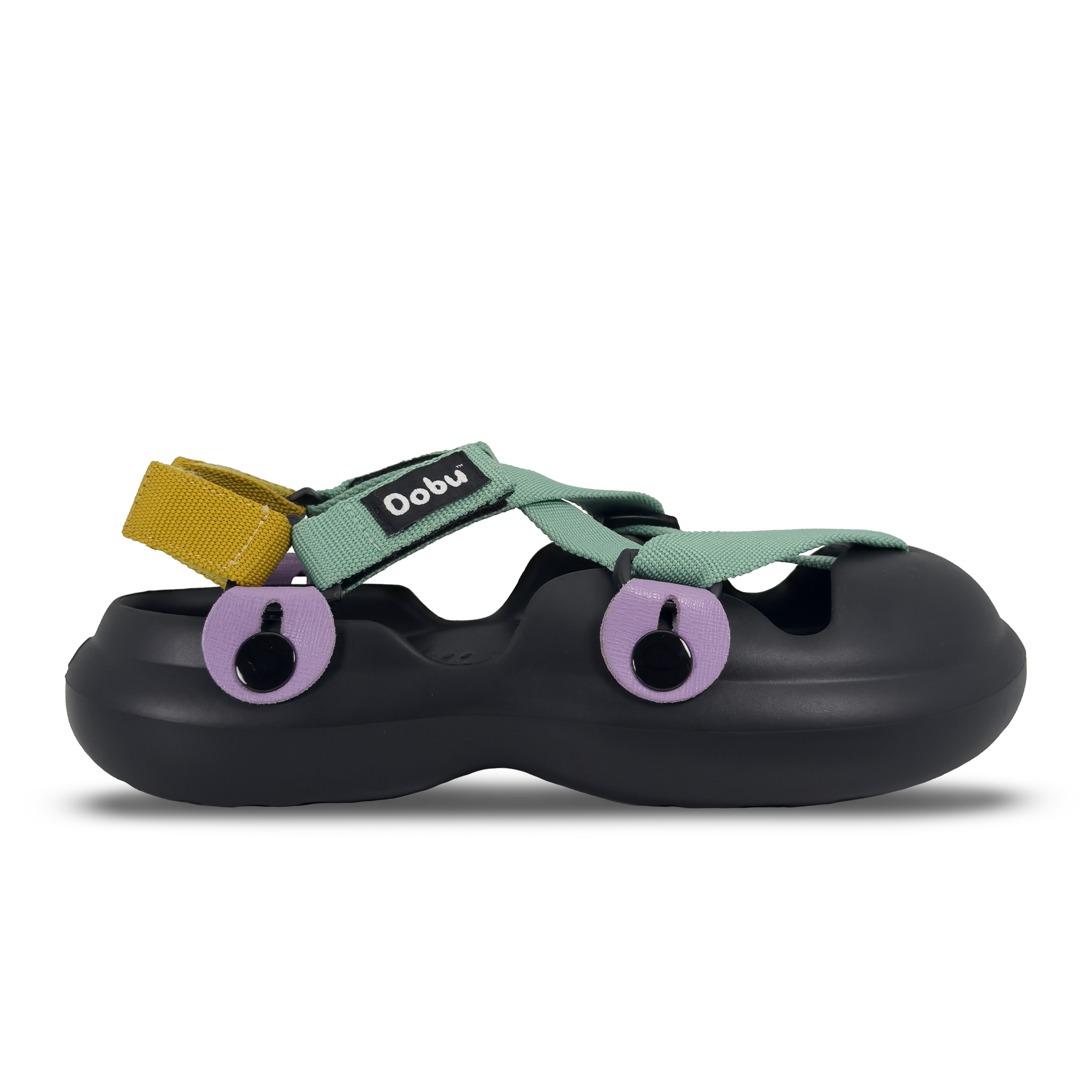 Scarpa sabot con base nera, nastri verde lambretta e zafferano, pelle lilla, punta chiusa