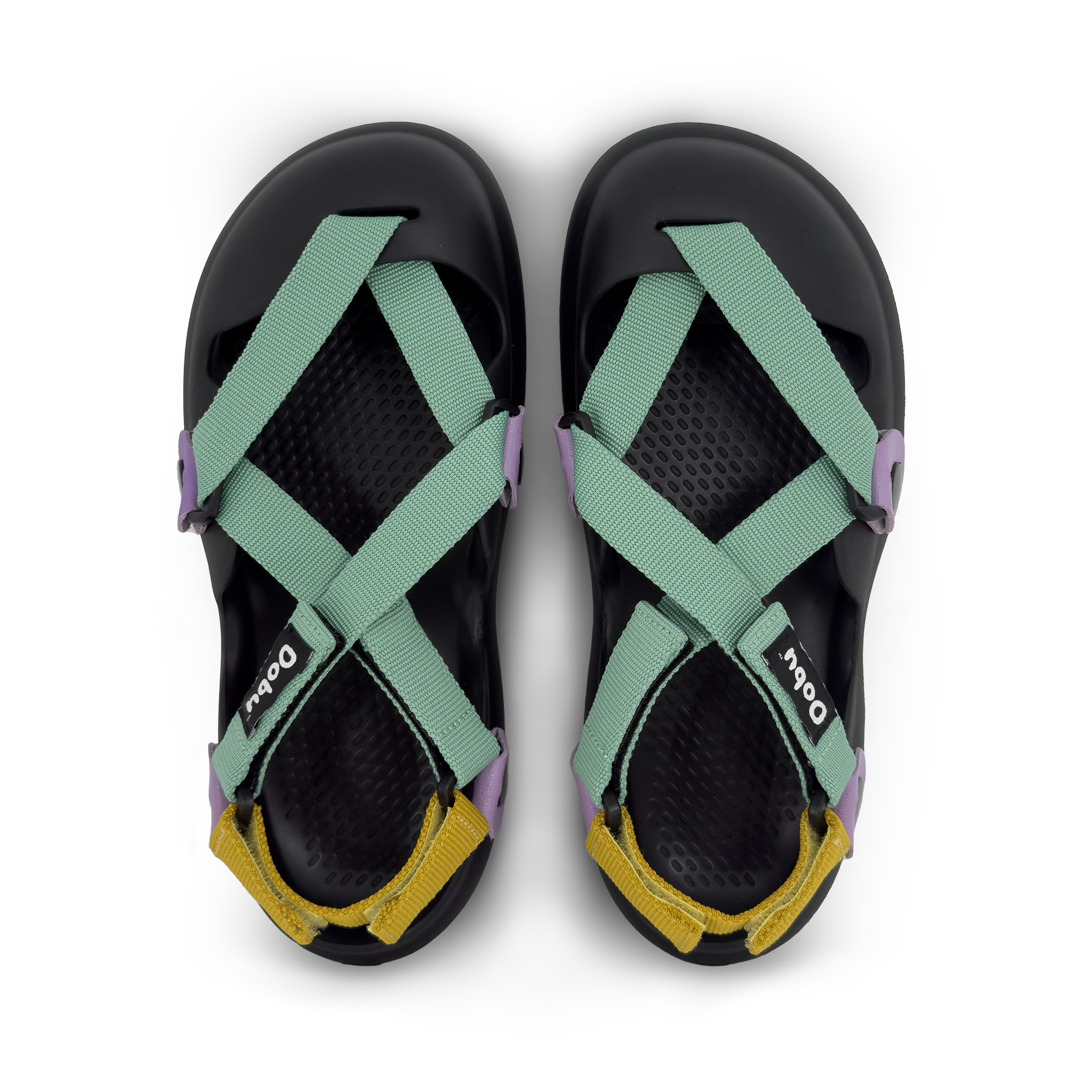 Scarpa sabot con base nera, nastri verde lambretta e zafferano, pelle lilla, punta chiusa