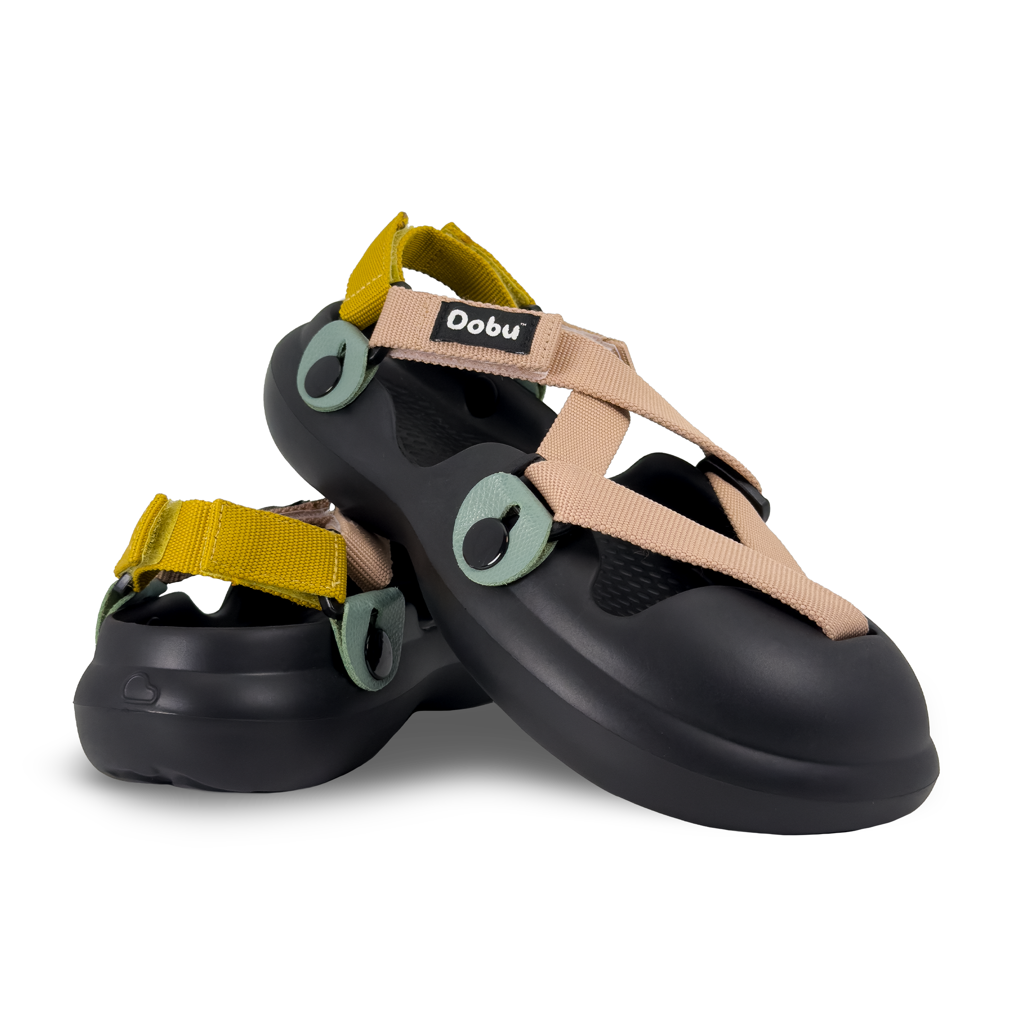 Scarpa sabot nera con pelle verde acqua e nastri gialli e colore pelle, suola barefoot in EVA