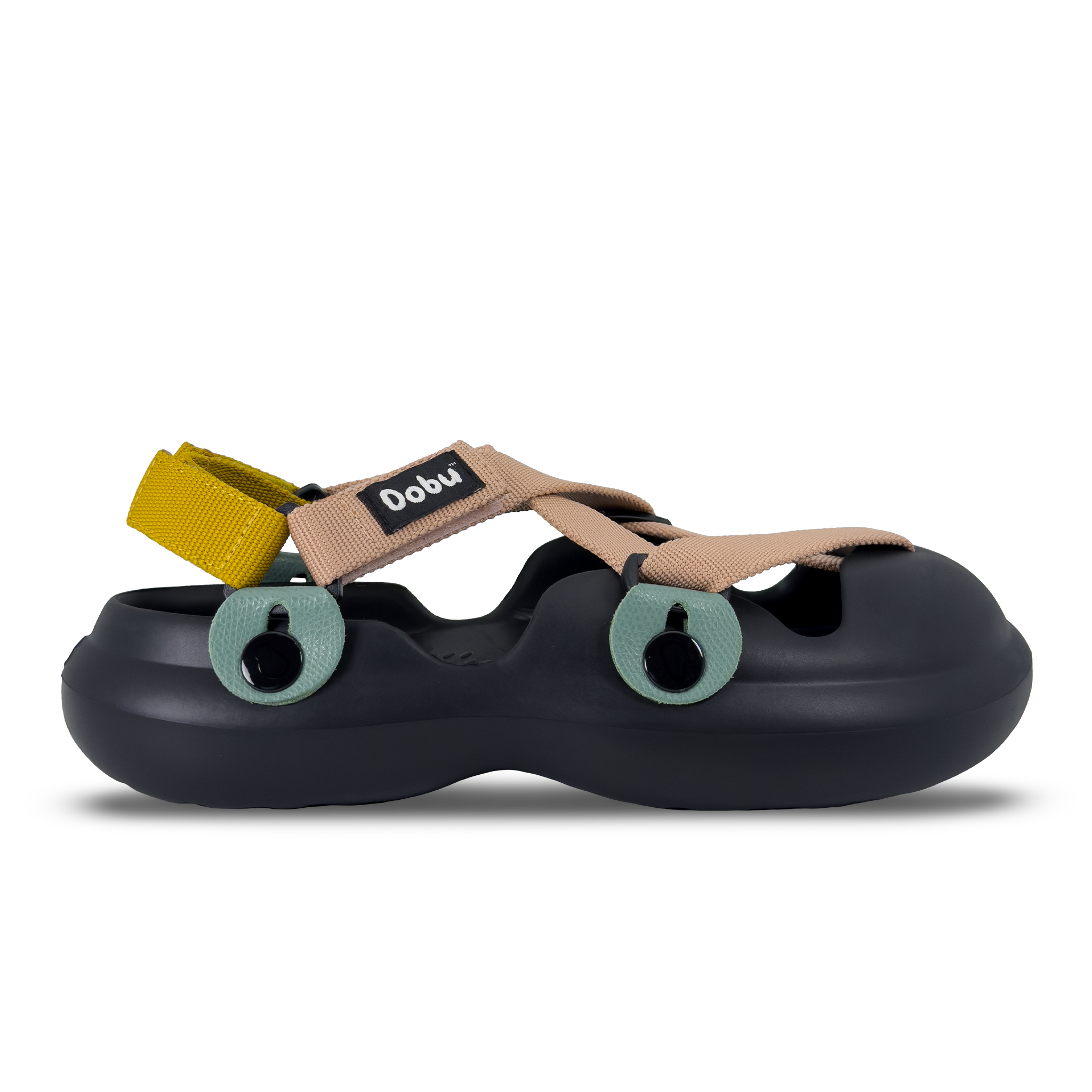 Scarpa sabot nera con pelle verde acqua e nastri gialli e colore pelle, suola barefoot in EVA