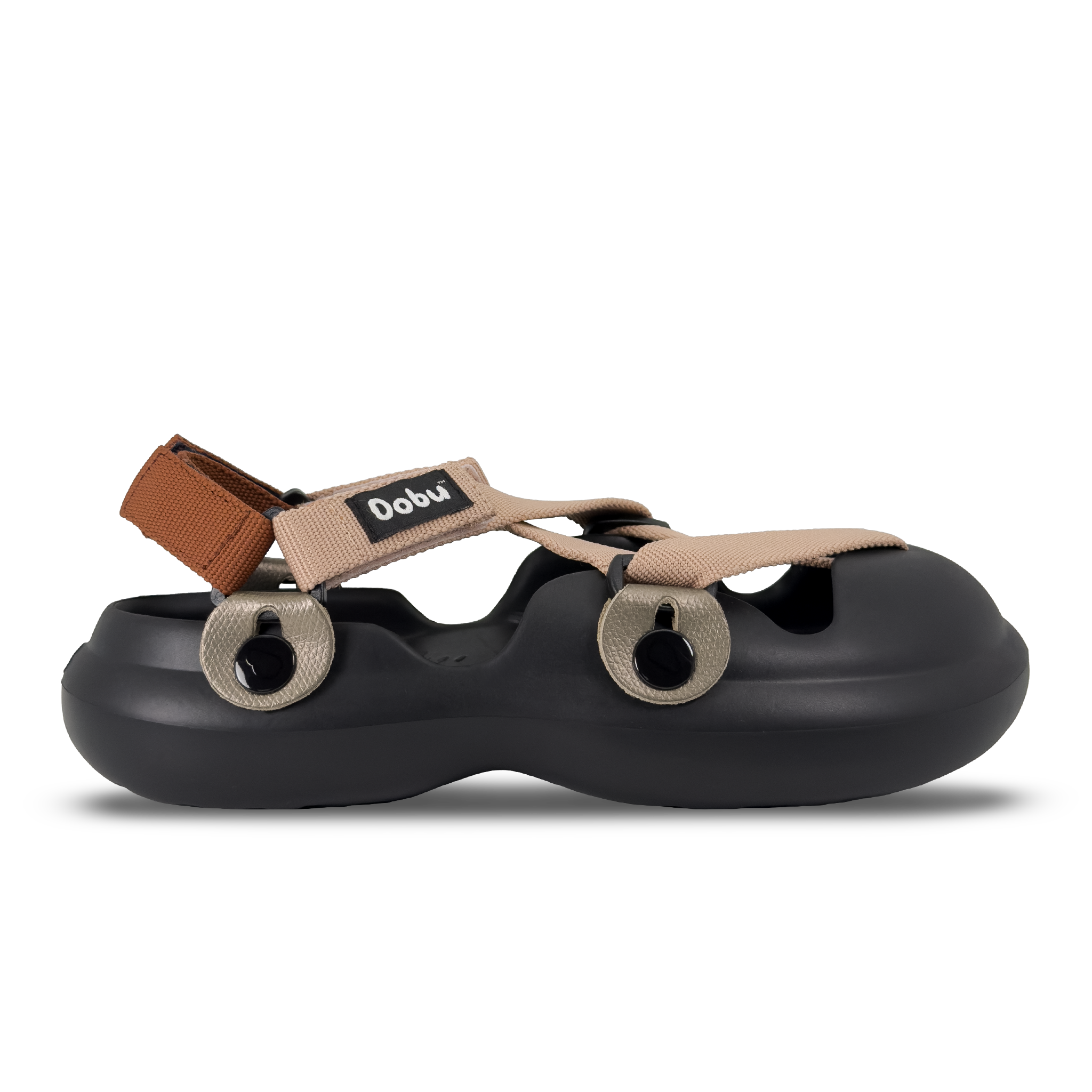 Scarpa sabot nera con nastri nude e rame, pelle titanio ramato e sistema modulare HUKUP™
