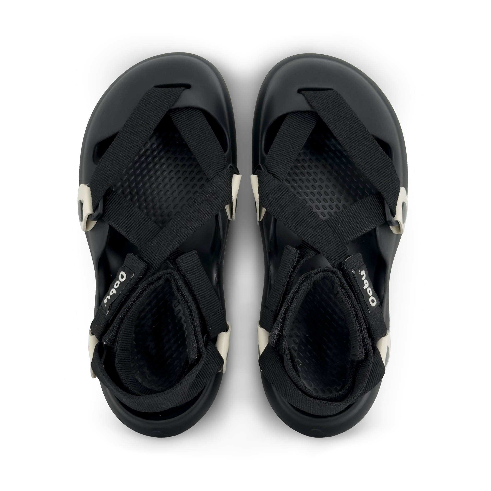 Scarpa sabot nera con pelle bianca e nastri neri, stile ispirato ai panda e suola barefoot in EVA