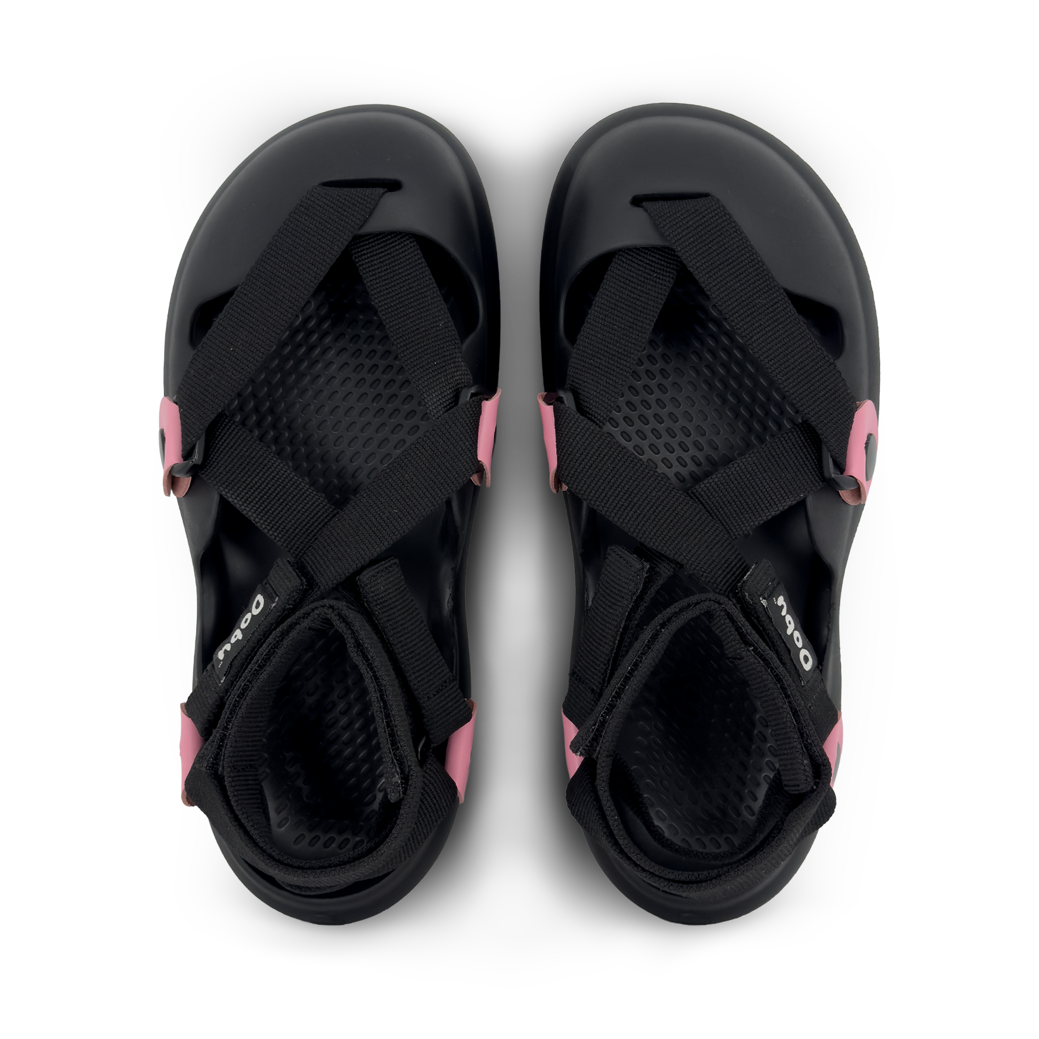 Scarpa sabot nera con nastri rosa lucido, suola barefoot in EVA e struttura componibile