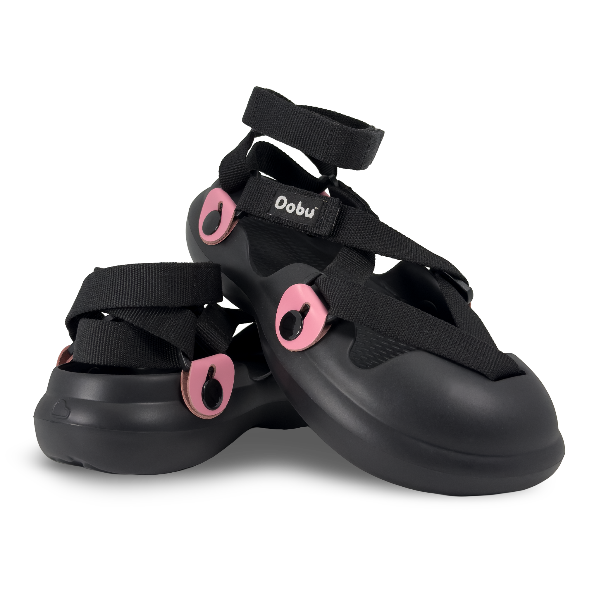 Scarpa sabot nera con nastri rosa lucido, suola barefoot in EVA e struttura componibile