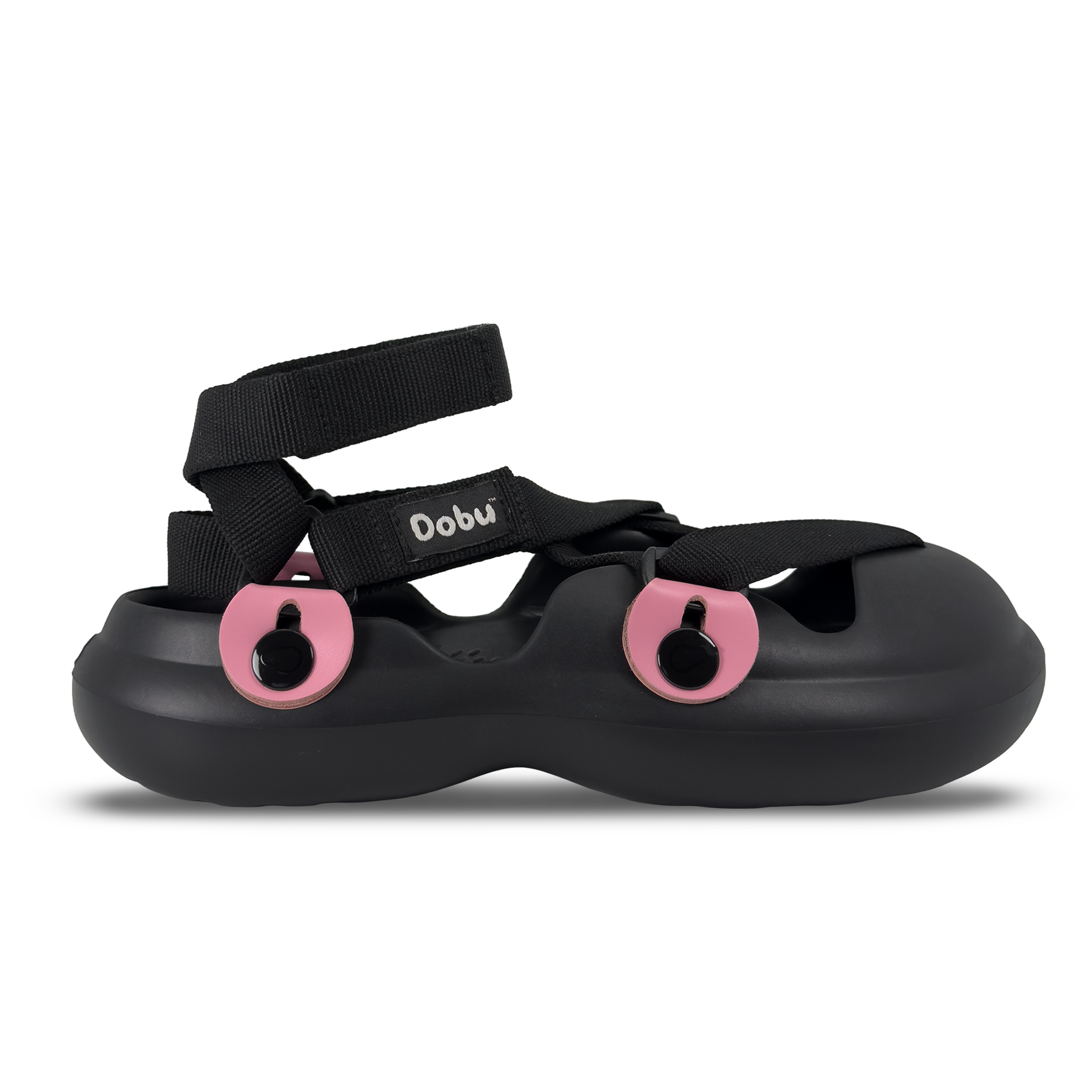 Scarpa sabot nera con nastri rosa lucido, suola barefoot in EVA e struttura componibile