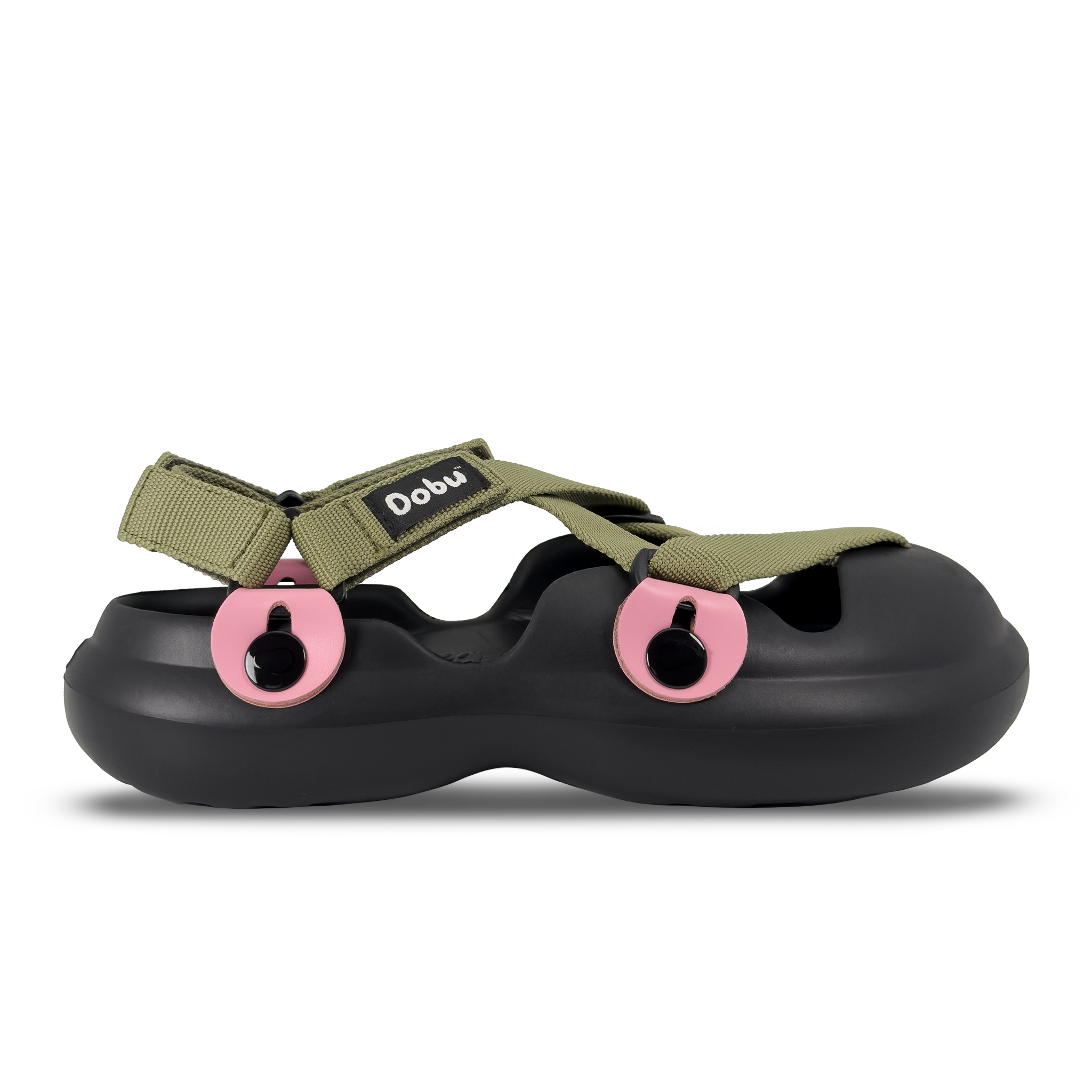 Scarpa sabot nera con nastri verde militare e pelle rosa, sistema modulare HUKUP™
