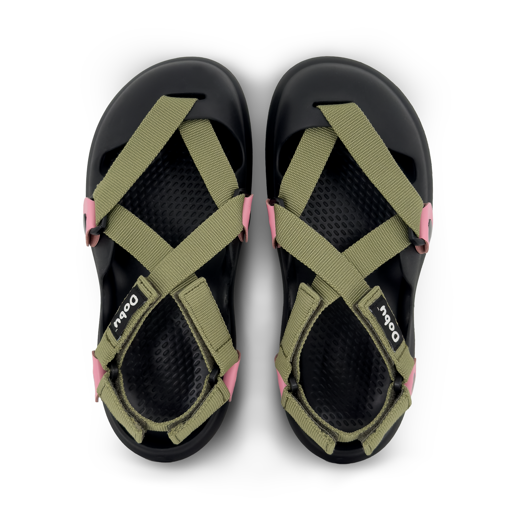 Scarpa sabot nera con nastri verde militare e pelle rosa, sistema modulare HUKUP™