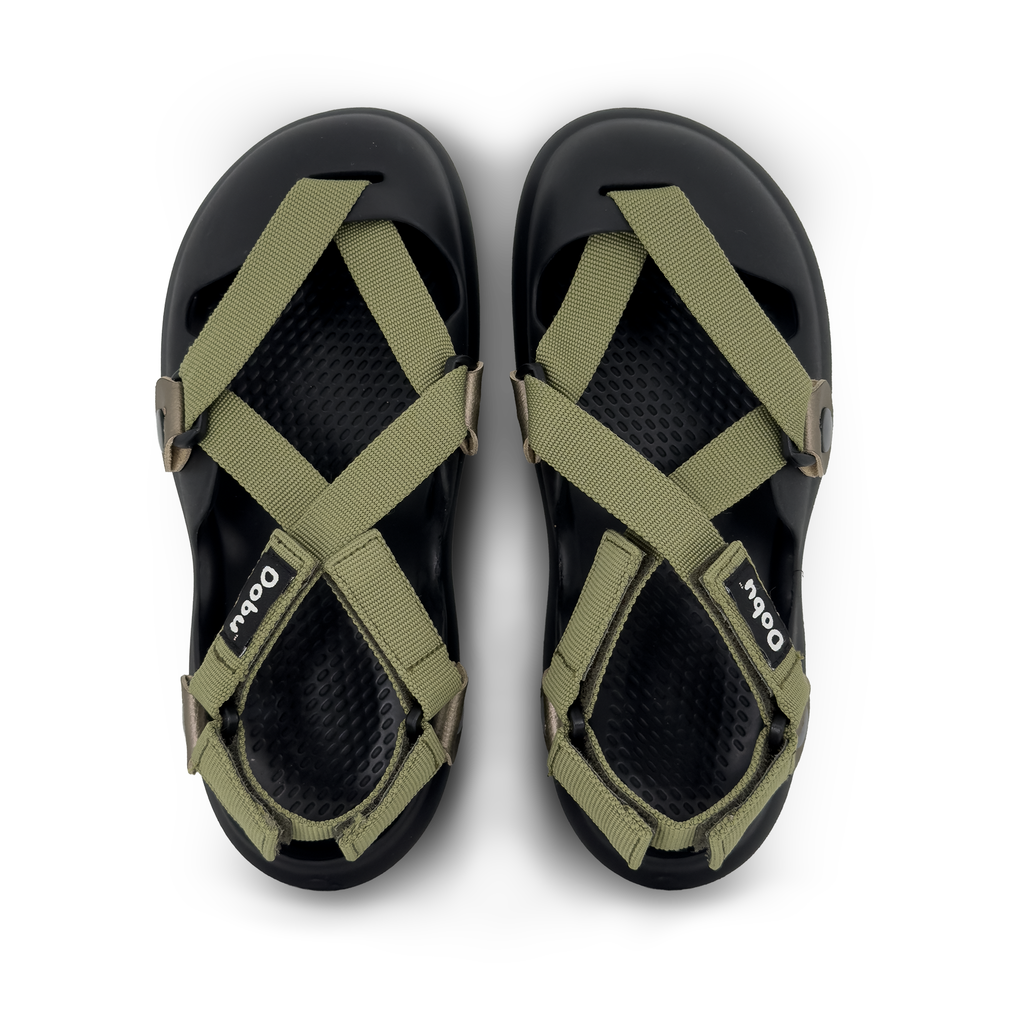 Scarpa sabot nera con nastri verde militare e pelle titanio ramato, suola barefoot e design componibile