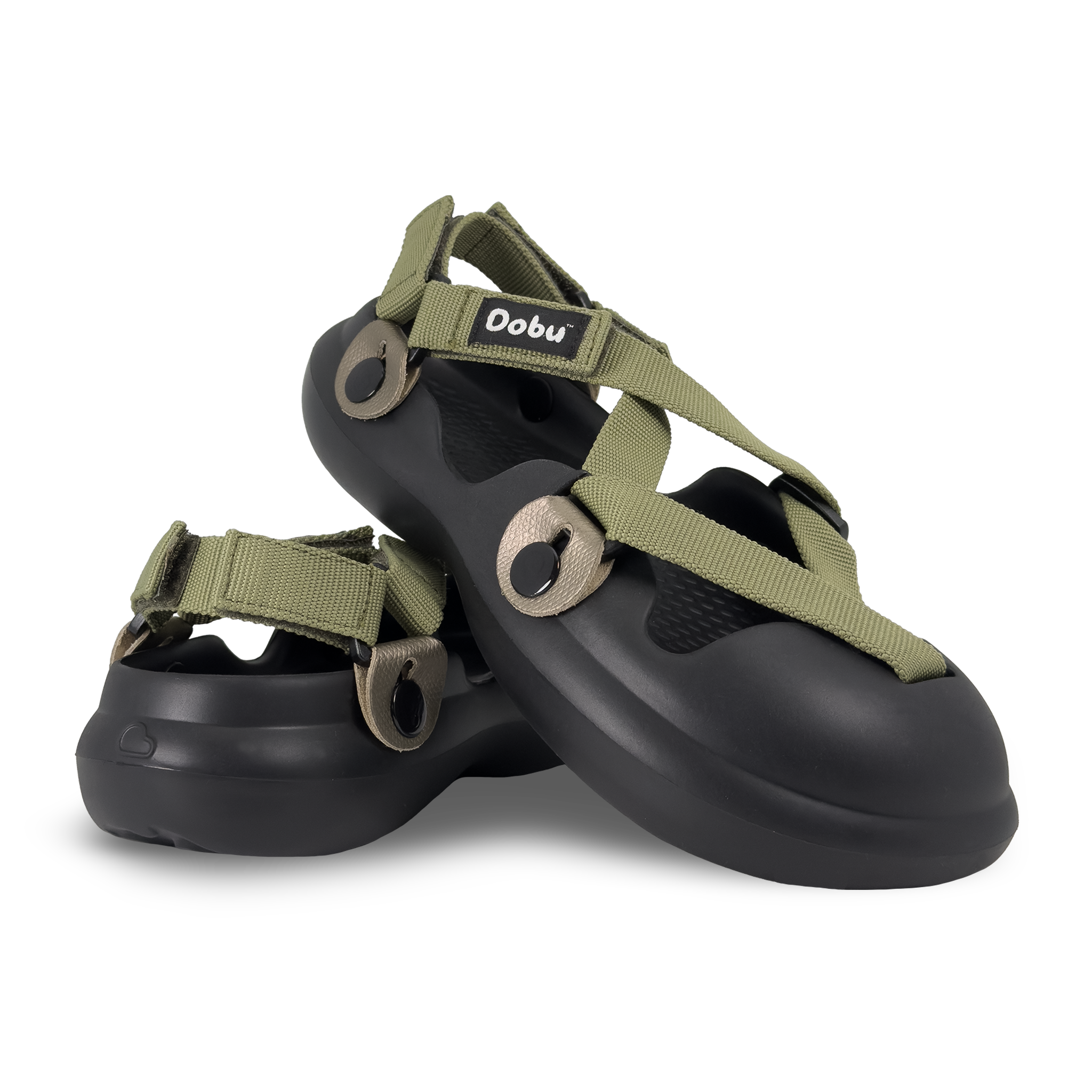Scarpa sabot nera con nastri verde militare e pelle titanio ramato, suola barefoot e design componibile