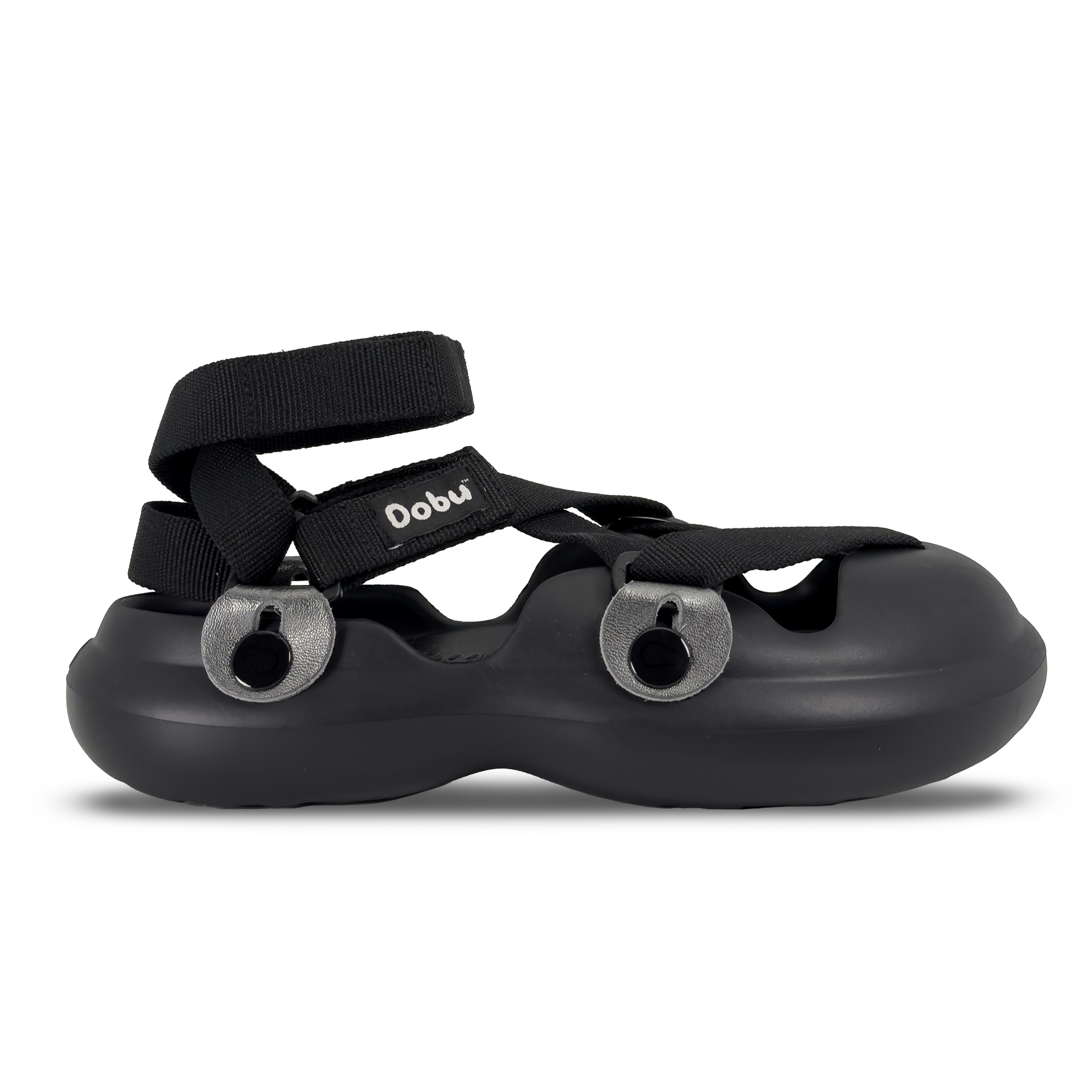 Scarpa DOBU Lo-Li-Ta Chic Glock con scafo nero, nastri neri incrociati e componenti in pelle argentata. Vista frontale e laterale del modello.