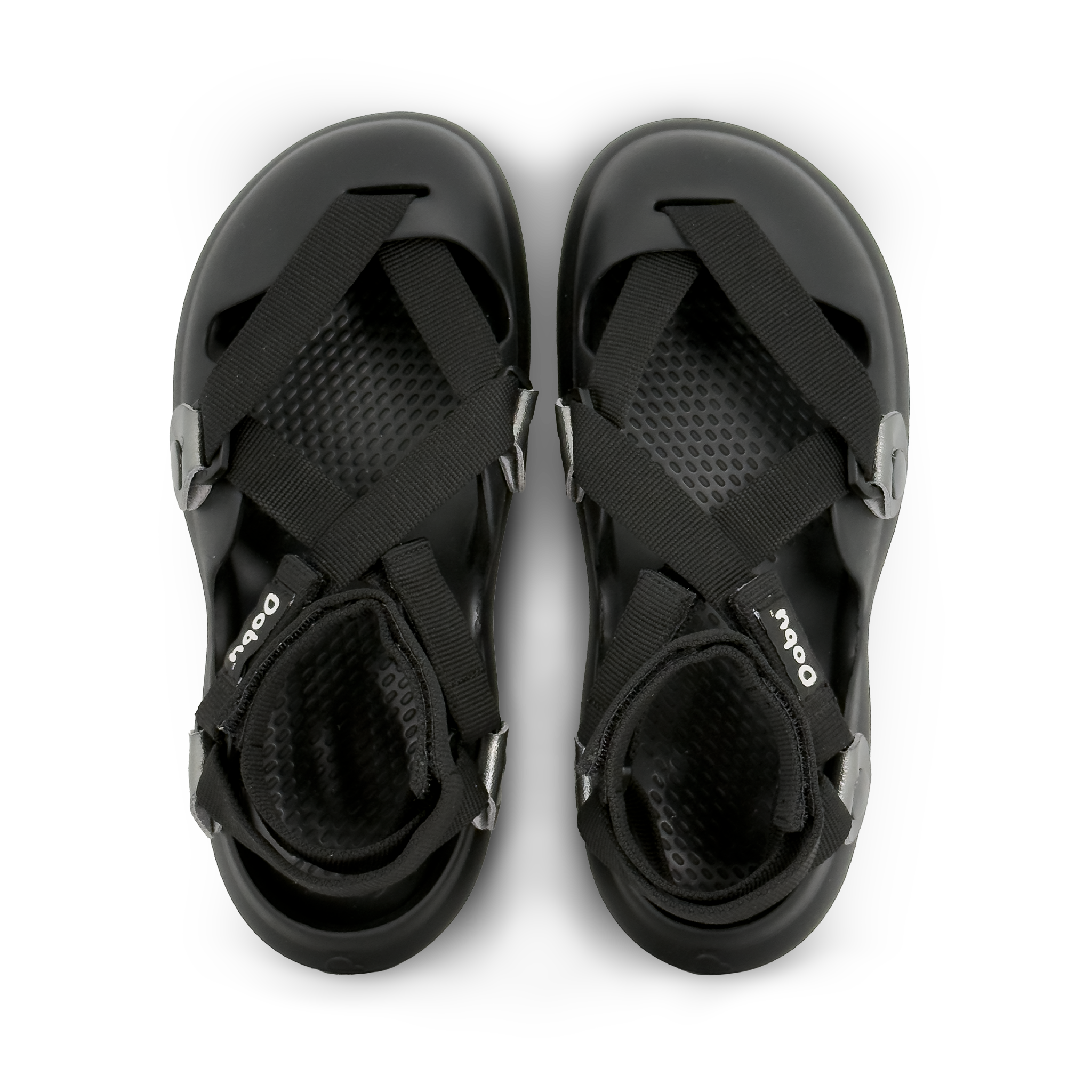 Scarpa DOBU Lo-Li-Ta Chic Glock con scafo nero, nastri neri incrociati e componenti in pelle argentata. Vista frontale e laterale del modello.