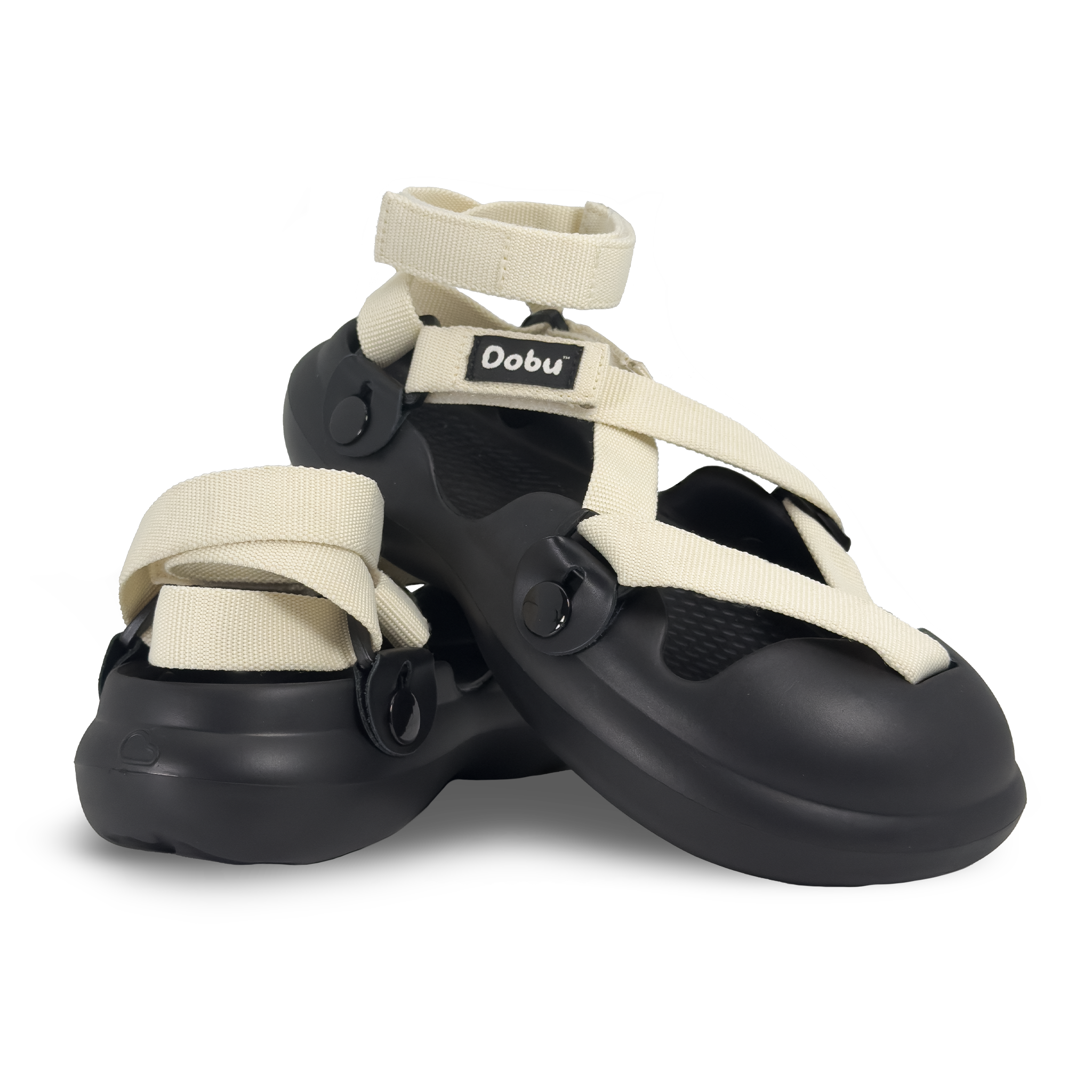 Scarpa sabot nera con pelle bianca e nastri neri, stile ispirato ai panda e suola barefoot in EVA