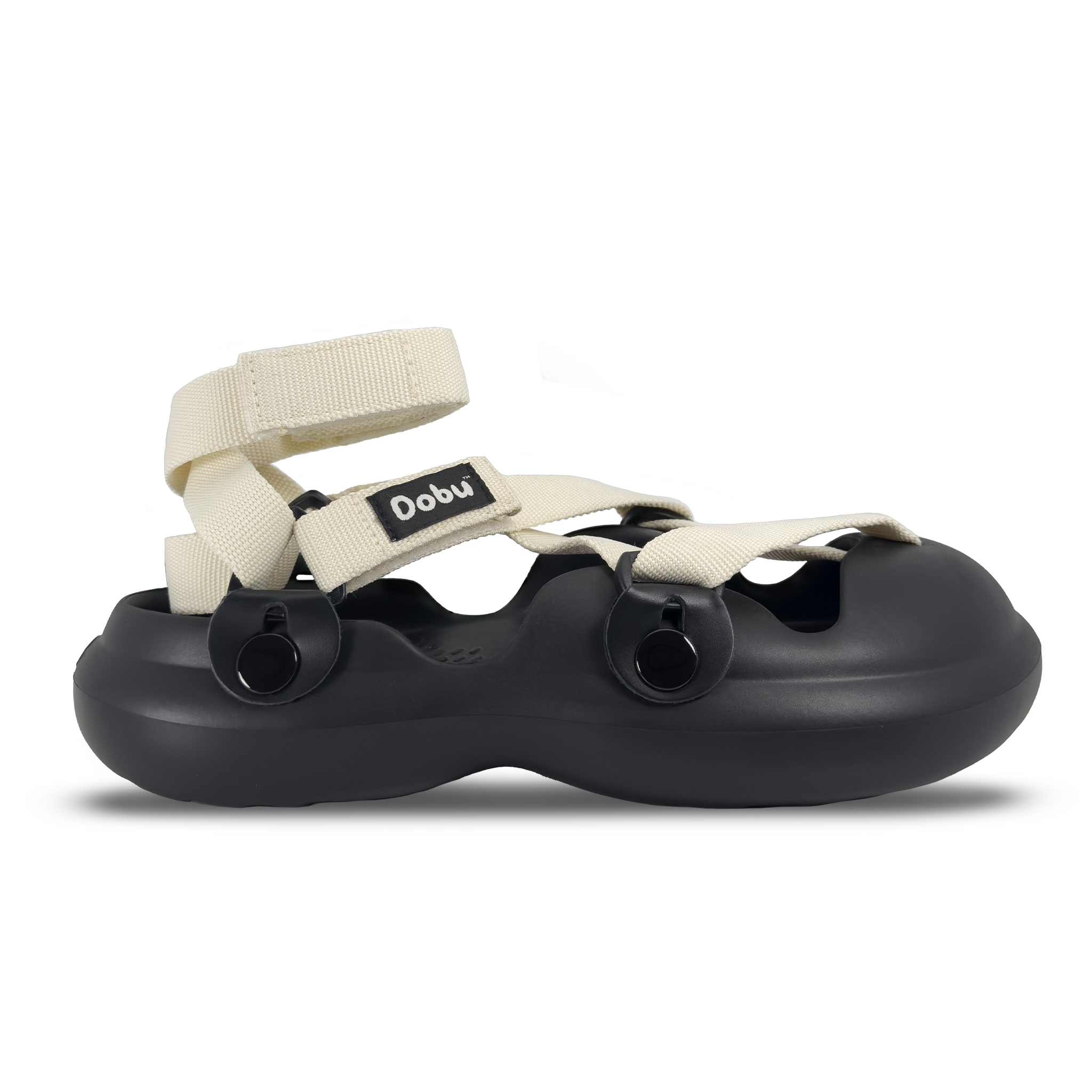 Scarpa sabot nera con pelle bianca e nastri neri, stile ispirato ai panda e suola barefoot in EVA