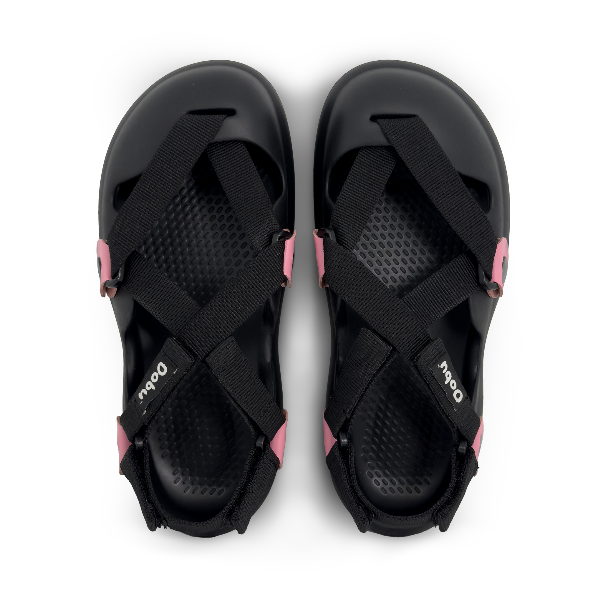 Scarpa sabot nera con nastri color nero, inserti in pelle rosa, suola barefoot in EVA e design componibile