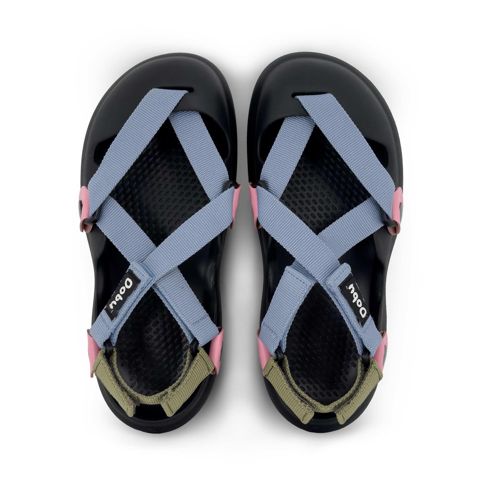 Scarpa sabot nera con nastri verde militare e azzurri, pelle rosa, suola barefoot e design componibile