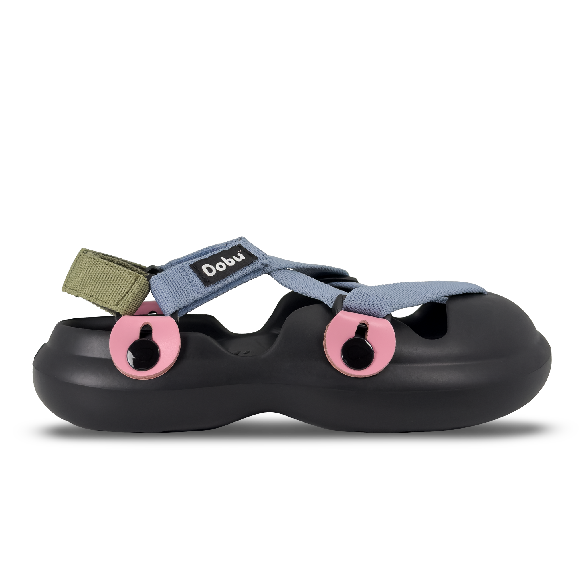 Scarpa sabot nera con nastri verde militare e azzurri, pelle rosa, suola barefoot e design componibile