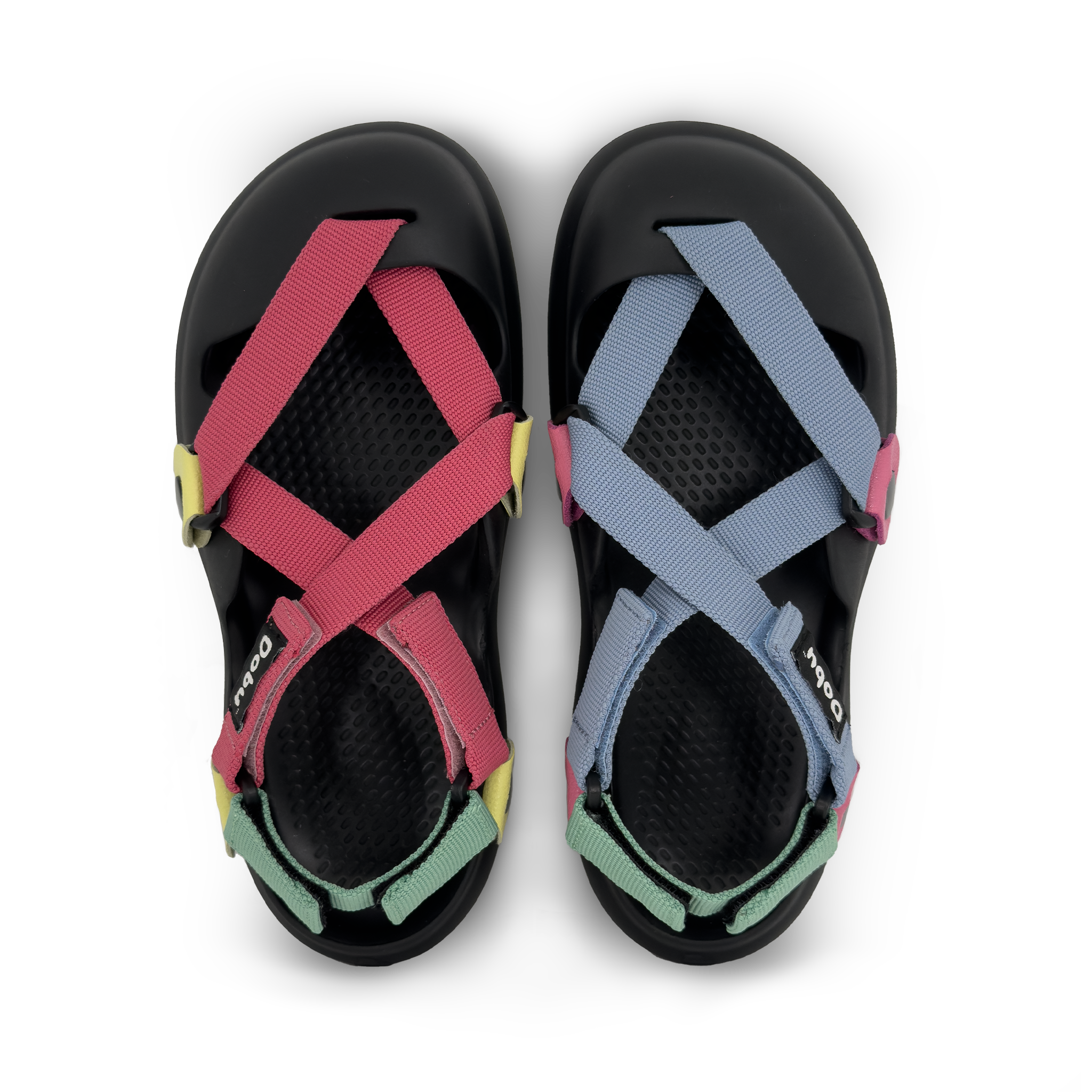 Scarpa sabot multicolore con nastri a contrasto, suola in EVA barefoot e design componibile vista dall'alto