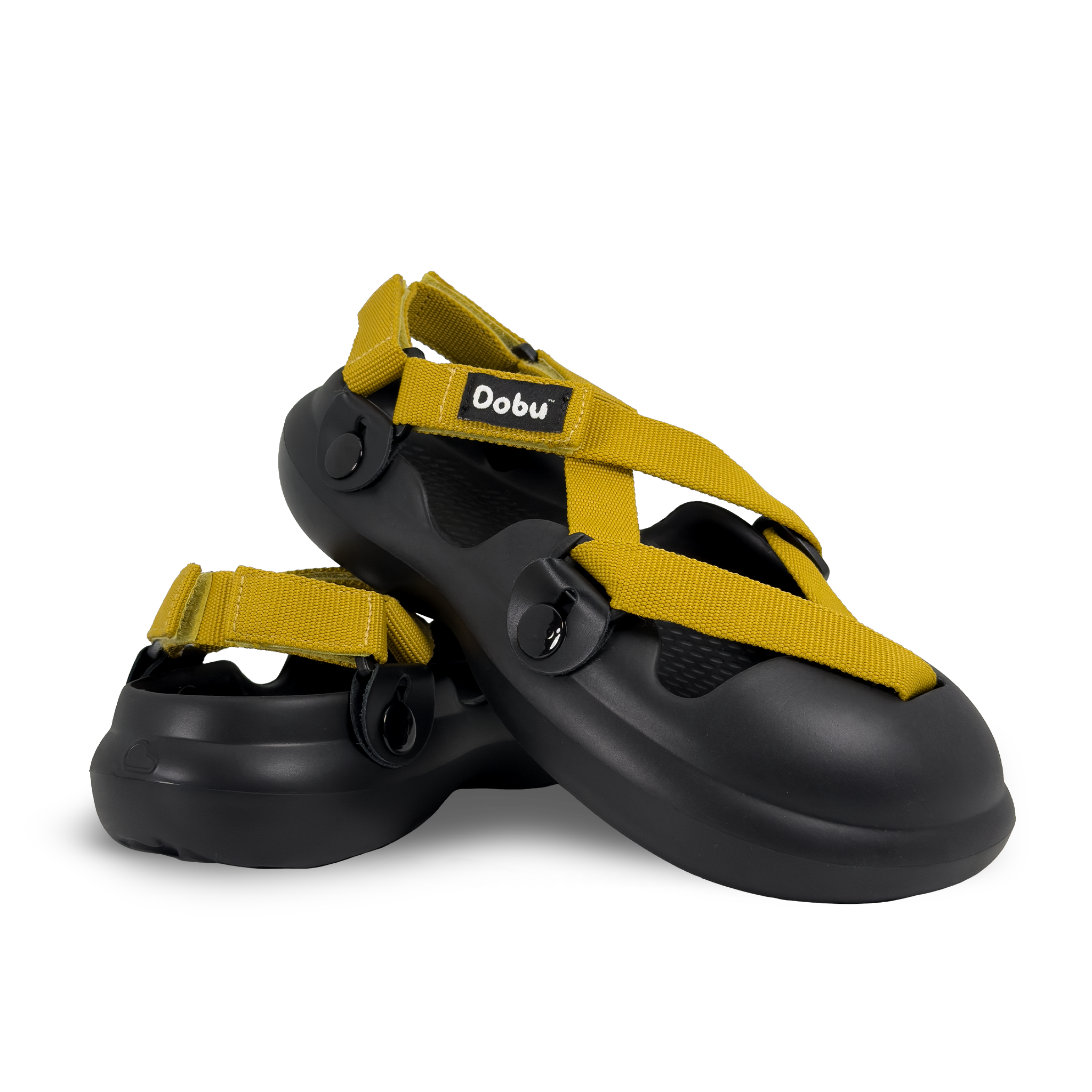 Scarpa sabot nera con nastri gialli zafferano, suola barefoot in EVA e design componibile