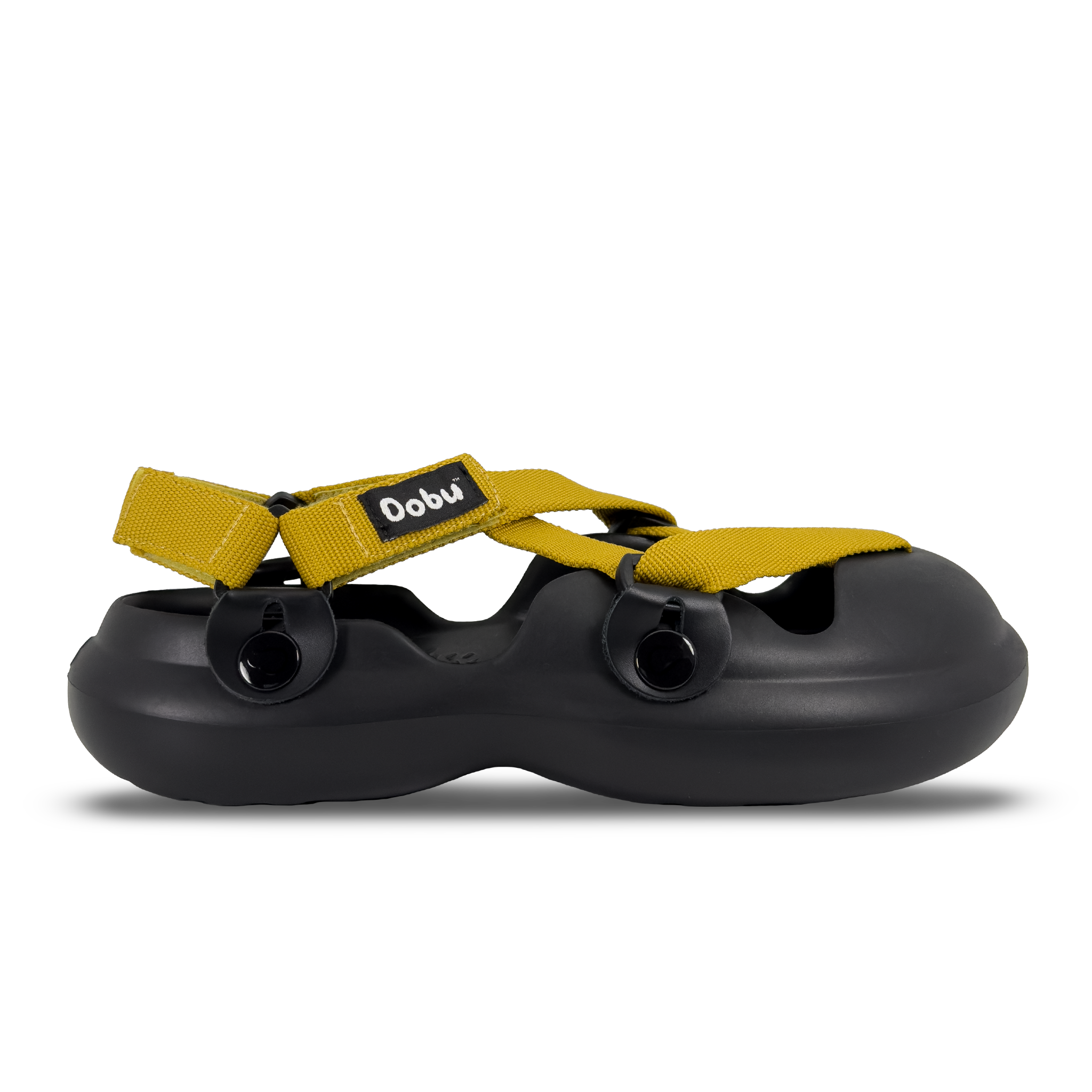 Scarpa sabot nera con nastri gialli zafferano, suola barefoot in EVA e design componibile
